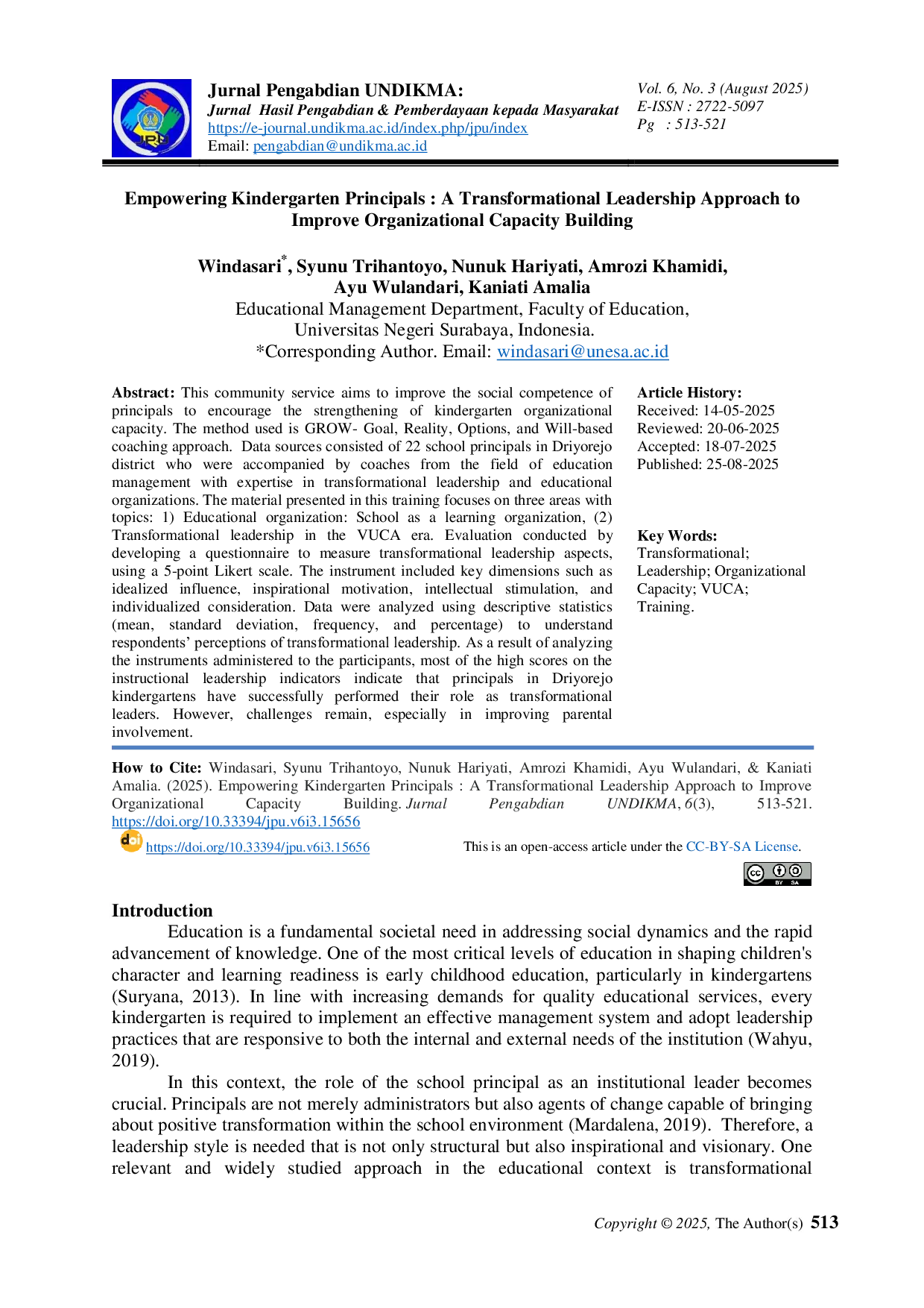 JURIS Empowering Kindergarten Principals A Transformational Leadership Approach to Improve Organizational Capacity Building
