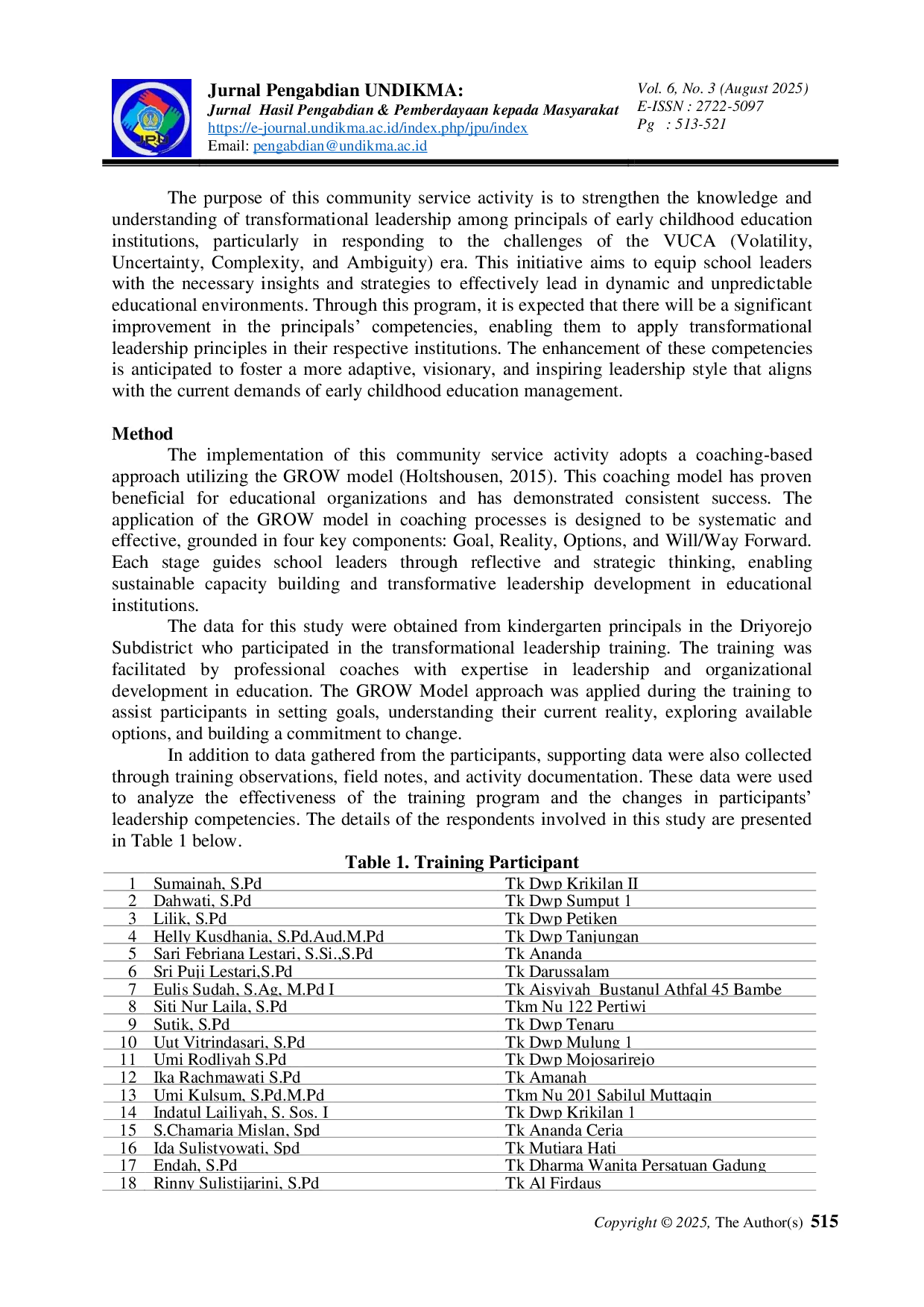 JURIS Empowering Kindergarten Principals A Transformational Leadership Approach to Improve Organizational Capacity Building