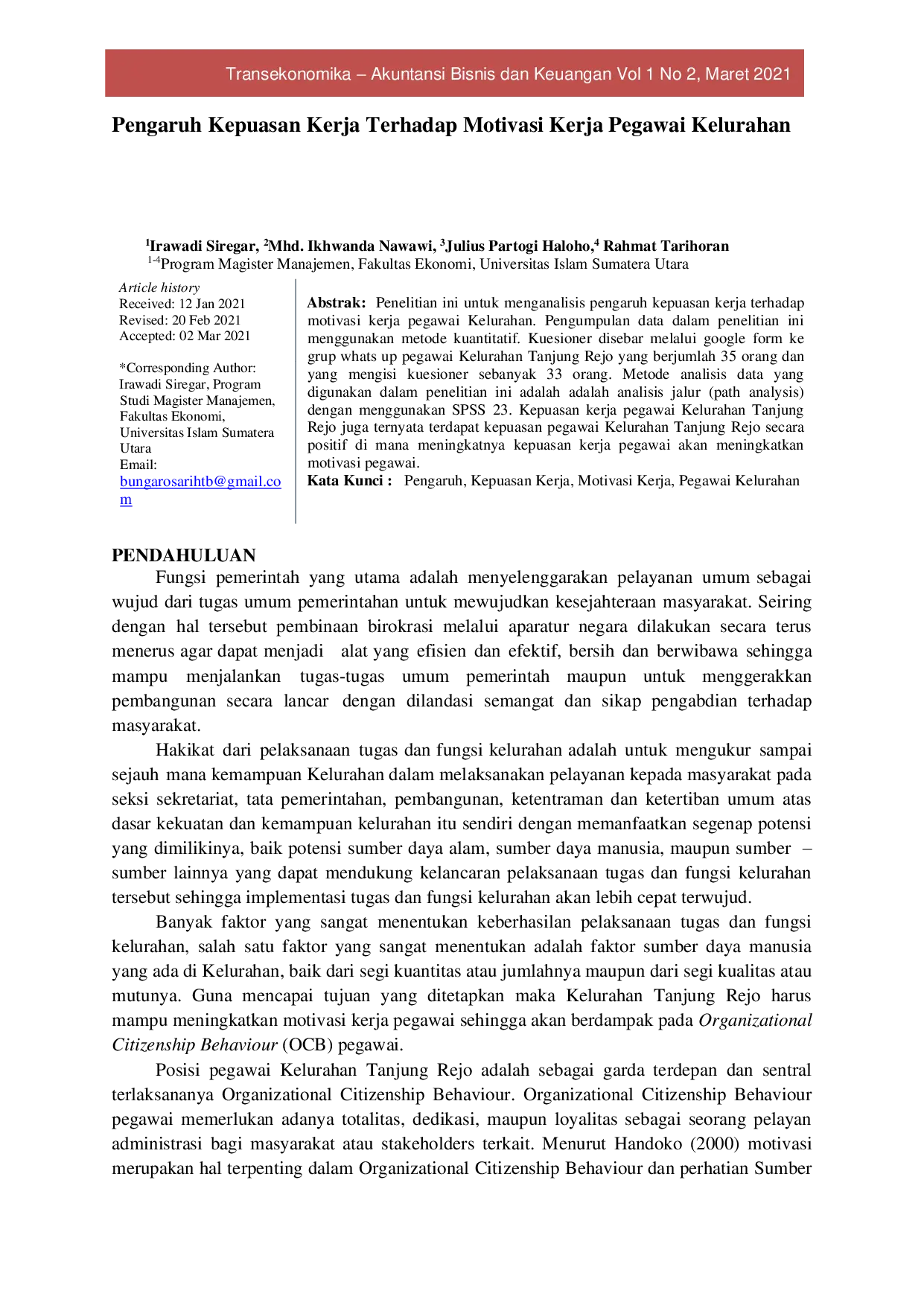 JURIS Pengaruh Kepuasan Kerja Terhadap Motivasi Kerja Pegawai Kelurahan