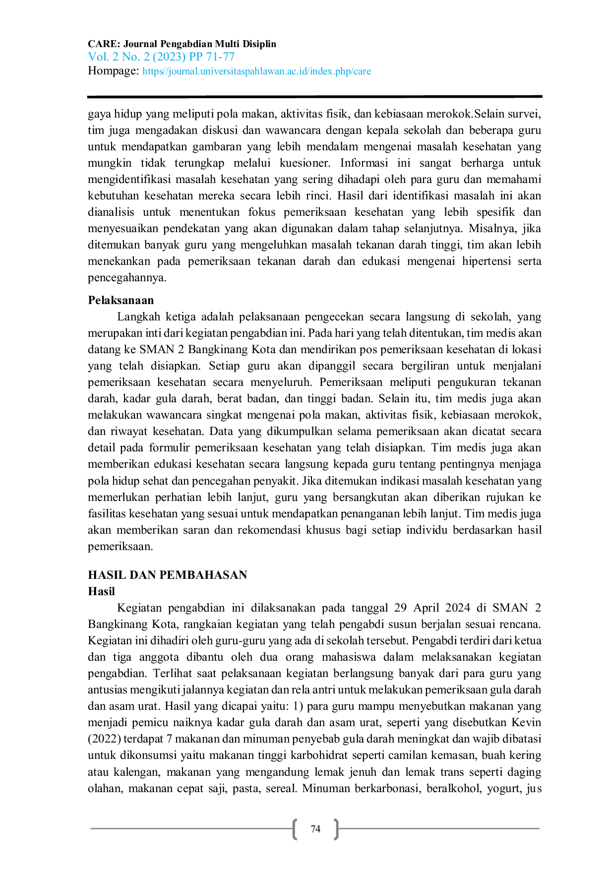 JURIS Pemeriksaan Status Kesehatan Guru Di SMAN 2 Bangkinang Kota