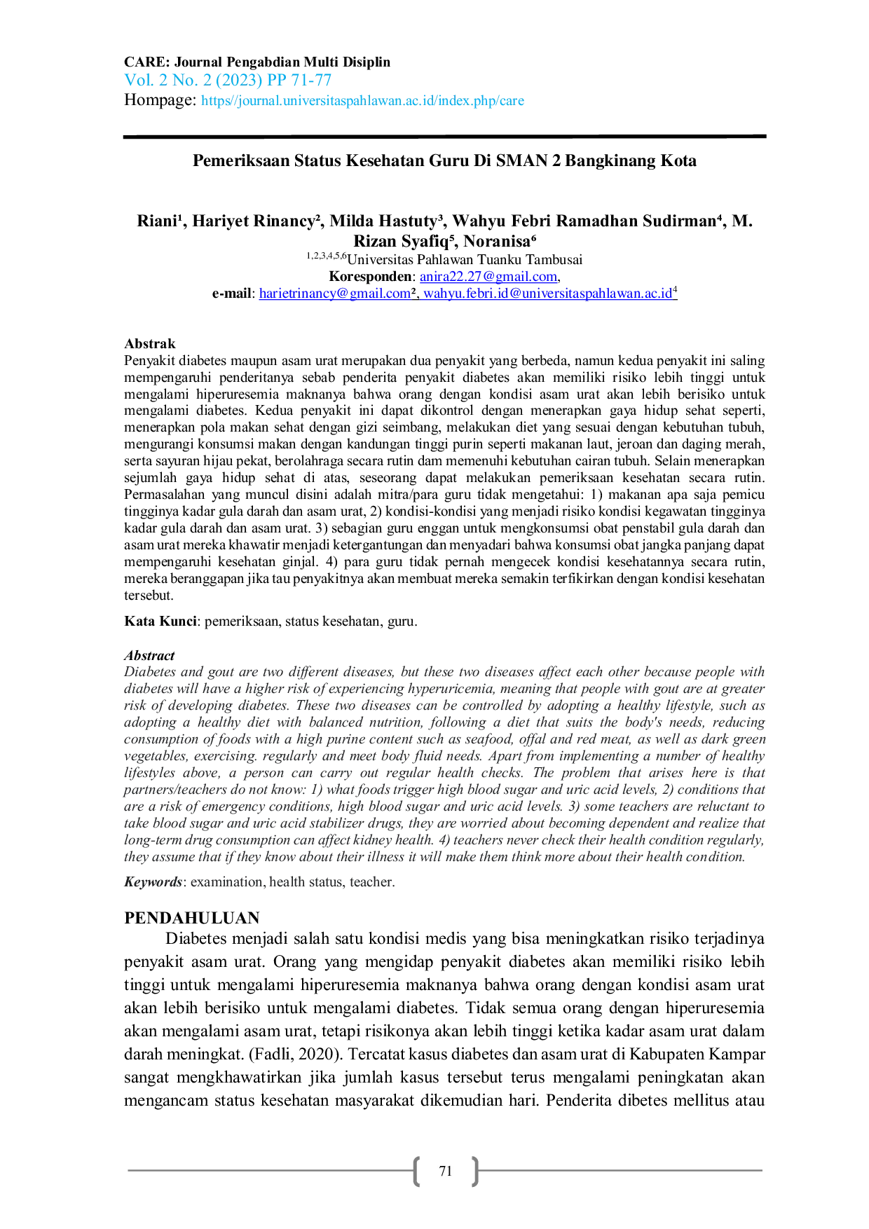 JURIS Pemeriksaan Status Kesehatan Guru Di SMAN 2 Bangkinang Kota