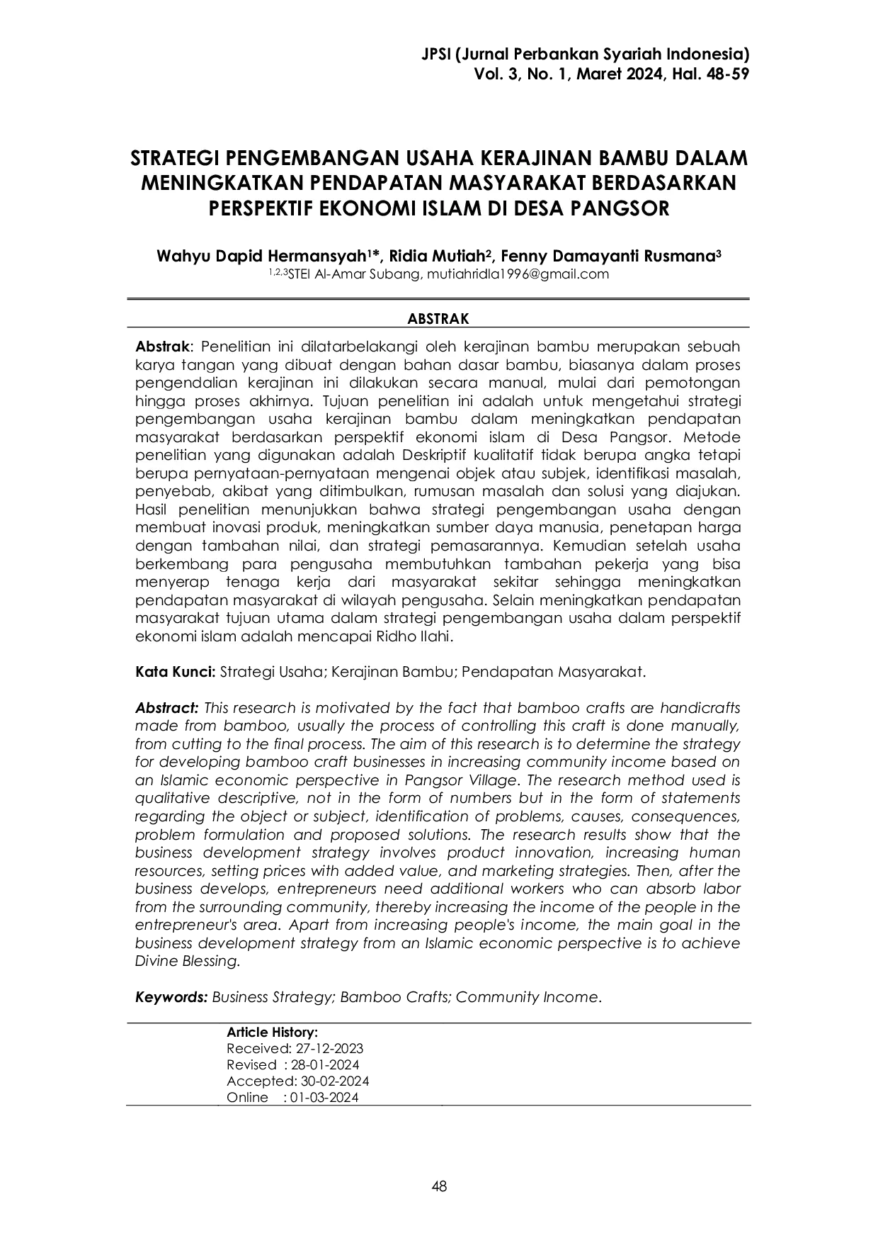 JURIS Strategi Pengembangan Usaha Kerajinan Bambu Dalam Meningkatkan Pendapatan Masyarakat Berdasarkan Perspektif Ekonomi Islam Di Desa Pangsor