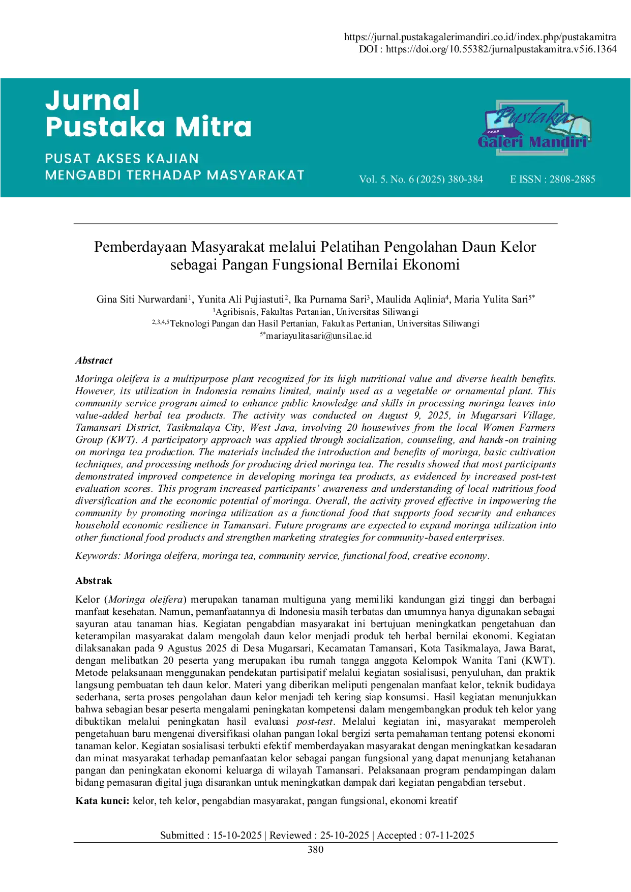 JURIS Pemberdayaan Masyarakat melalui Pelatihan Pengolahan Daun Kelor sebagai Pangan Fungsional Bernilai Ekonomi