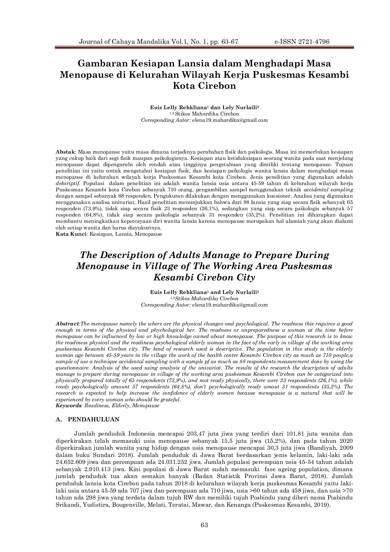 JURIS Gambaran Kesiapan Lansia Dalam Menghadapi Masa Menopause Di Kelurahan Wilayah Kerja Puskesmas Kesambi Kota Cirebon