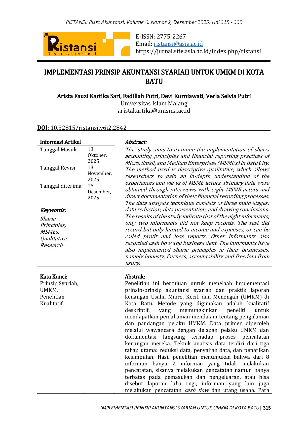JURIS Implementasi Prinsip Akuntansi Syariah untuk UMKM di Kota Batu