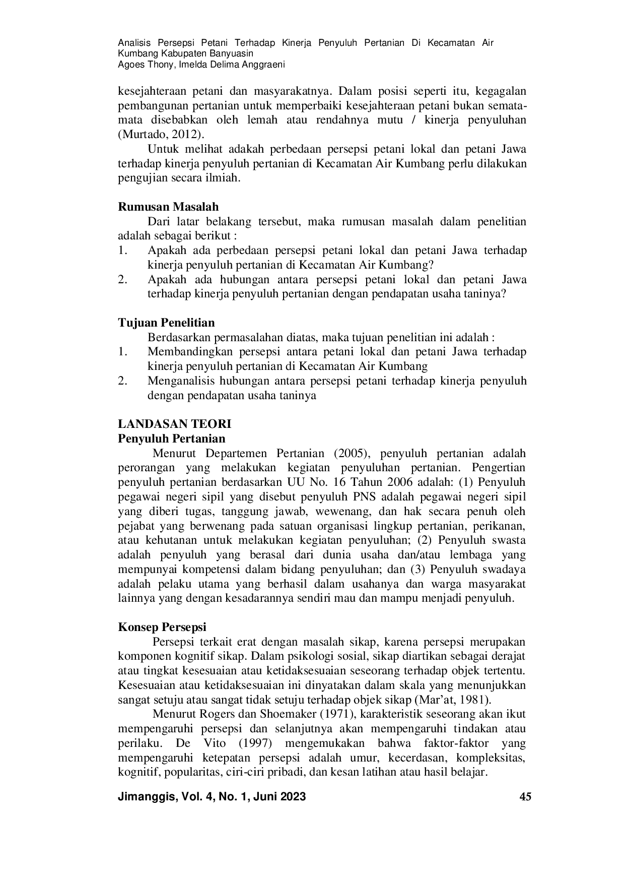 JURIS Analisis Persepsi Petani Terhadap Kinerja Penyuluh Pertanian Di Kecamatan Air Kumbang Kabupaten Banyuasin