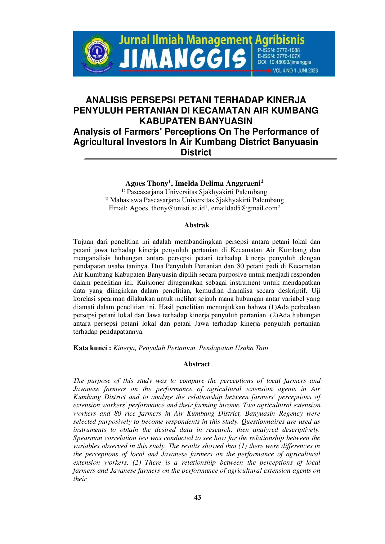JURIS Analisis Persepsi Petani Terhadap Kinerja Penyuluh Pertanian Di Kecamatan Air Kumbang Kabupaten Banyuasin