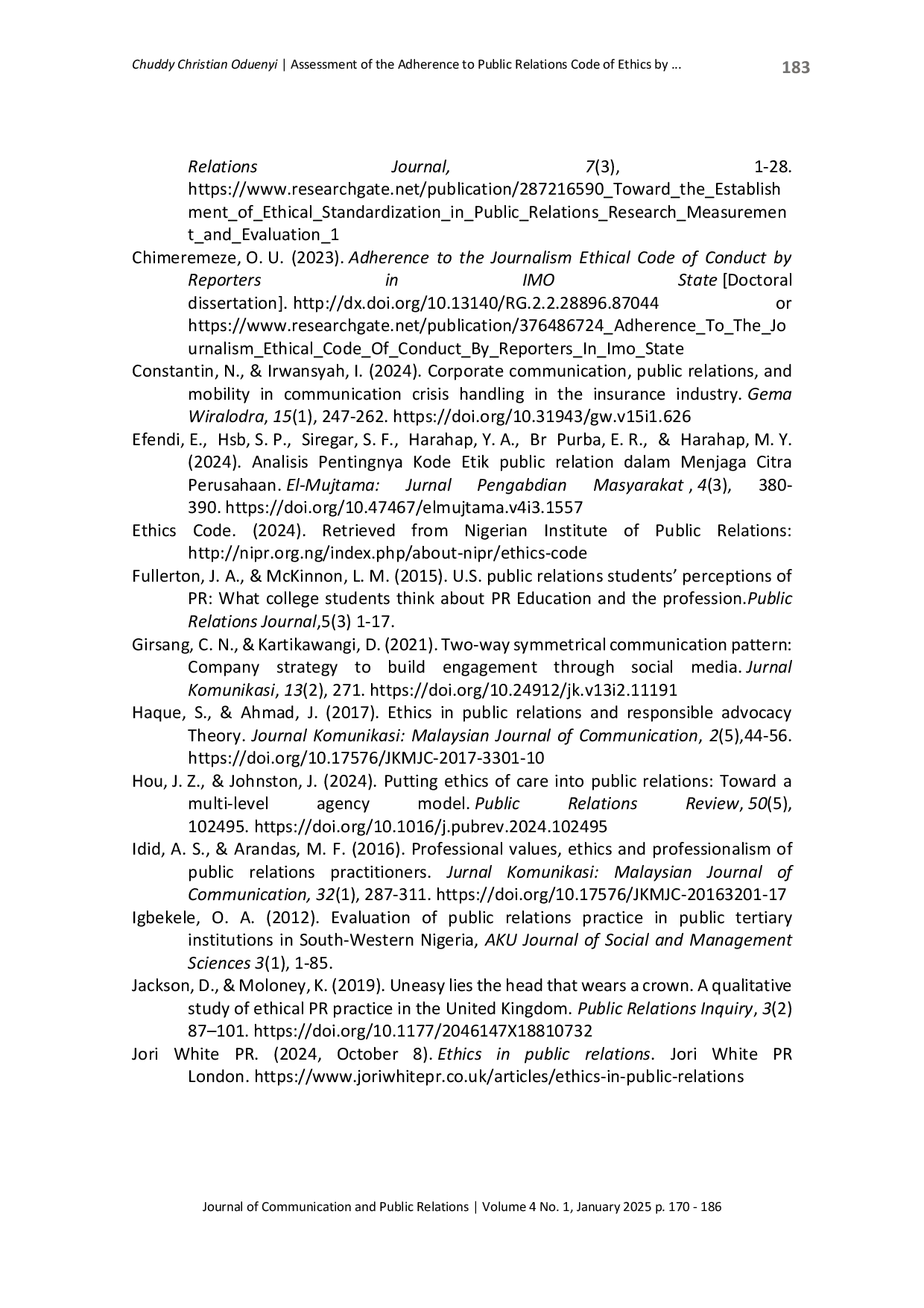 JURIS Assessment of the Adherence to Public Relations Code of Ethics by Practitioners in Lagos State