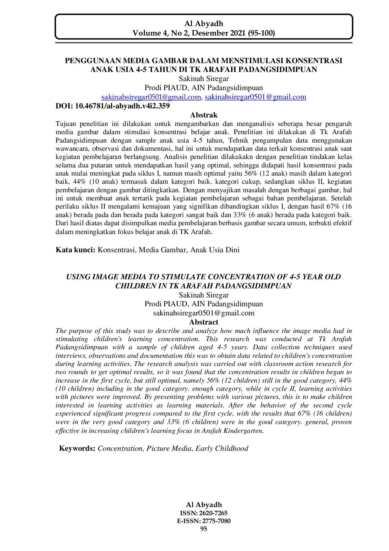 JURIS Penggunaan Media Gambar dalam Menstimulaasi Konsentrasi Anak Usia 4 5 Tahun di TK Arafah Padangsidimpuan