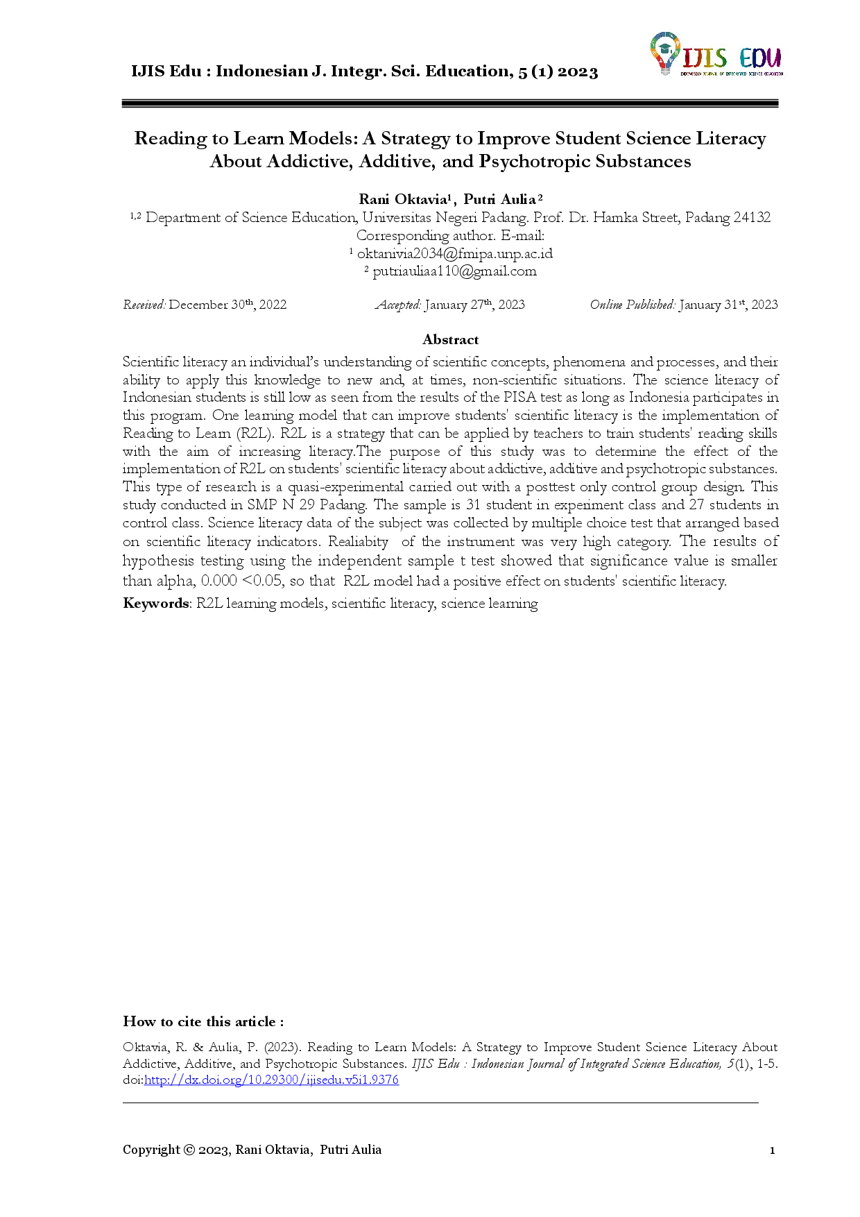 juris Reading to Learn Models A Strategy to Improve Student Science Literacy About Addictive Additive and Psychotropic Substances
