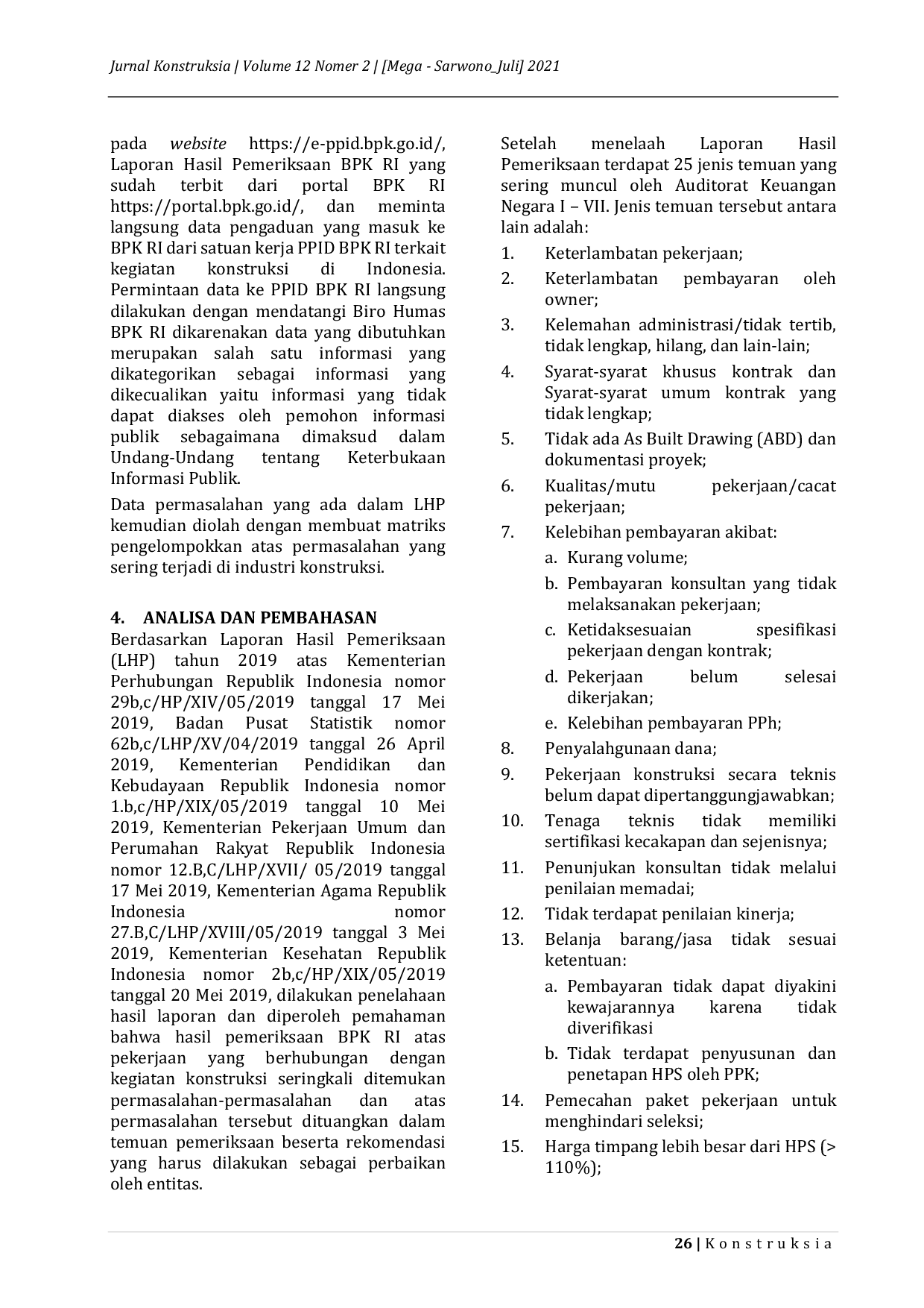 JURIS Dukungan Badan Pemeriksa Keuangan Republik Indonesia Dalam Penyelesaian Sengketa Konstruksi Merujuk UU No 2 2017 PSL 88