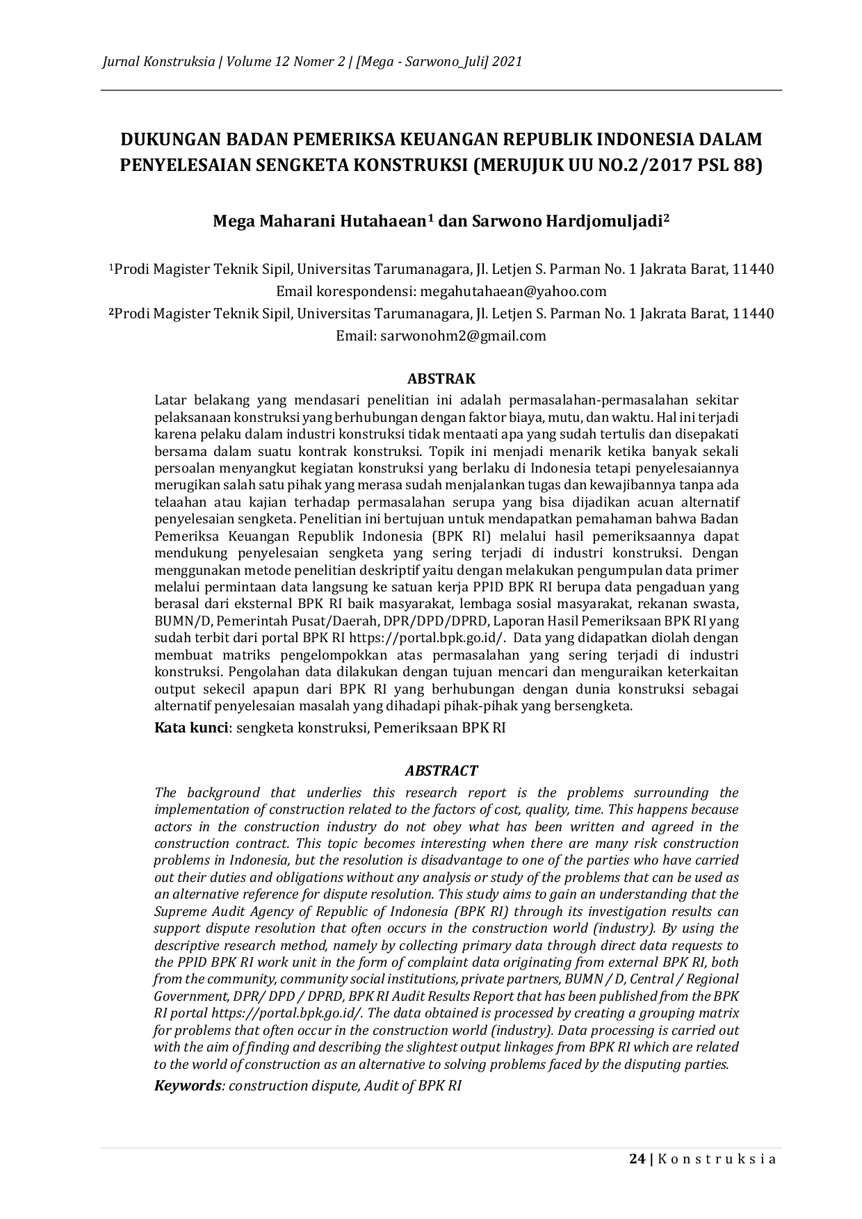 JURIS Dukungan Badan Pemeriksa Keuangan Republik Indonesia Dalam Penyelesaian Sengketa Konstruksi Merujuk UU No 2 2017 PSL 88