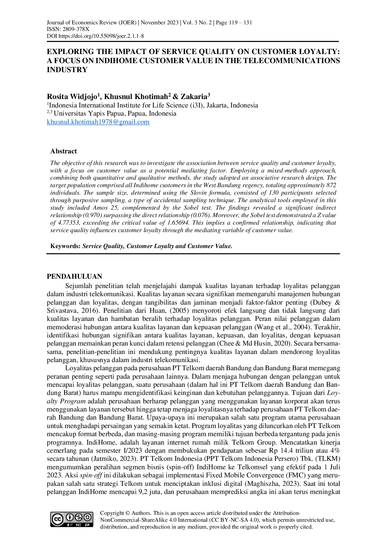 JURIS Service Quality To Customer Loyalty Through Indihome Cutomer Value In West Bandung