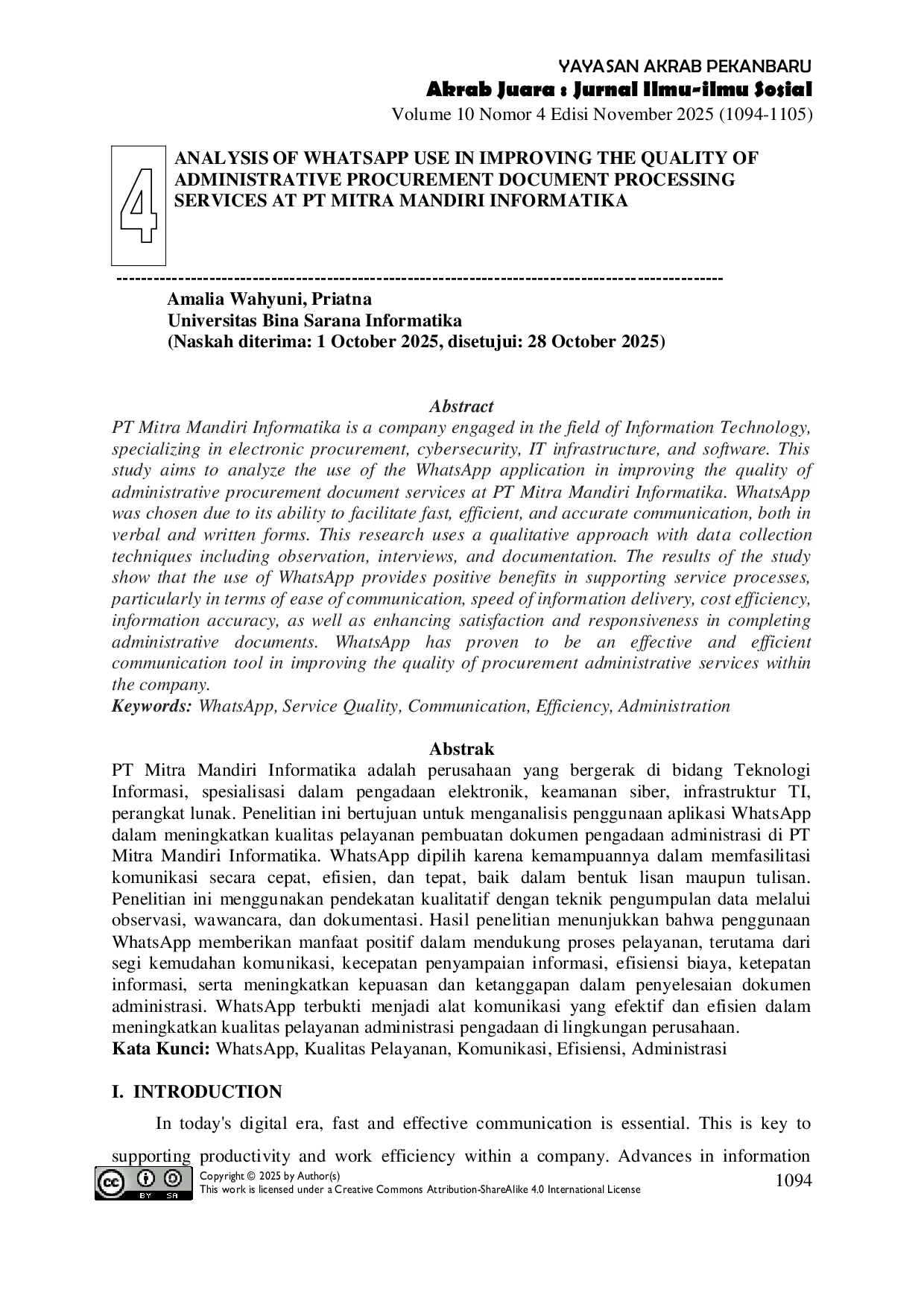 JURIS Analisis Penggunaan Whatsapp Dalam Meningkatkan Kualitas Pelayanan Pembuatan Dokumen Pengadaan Administrasi Di Pt Mitra Mandiri Informatika