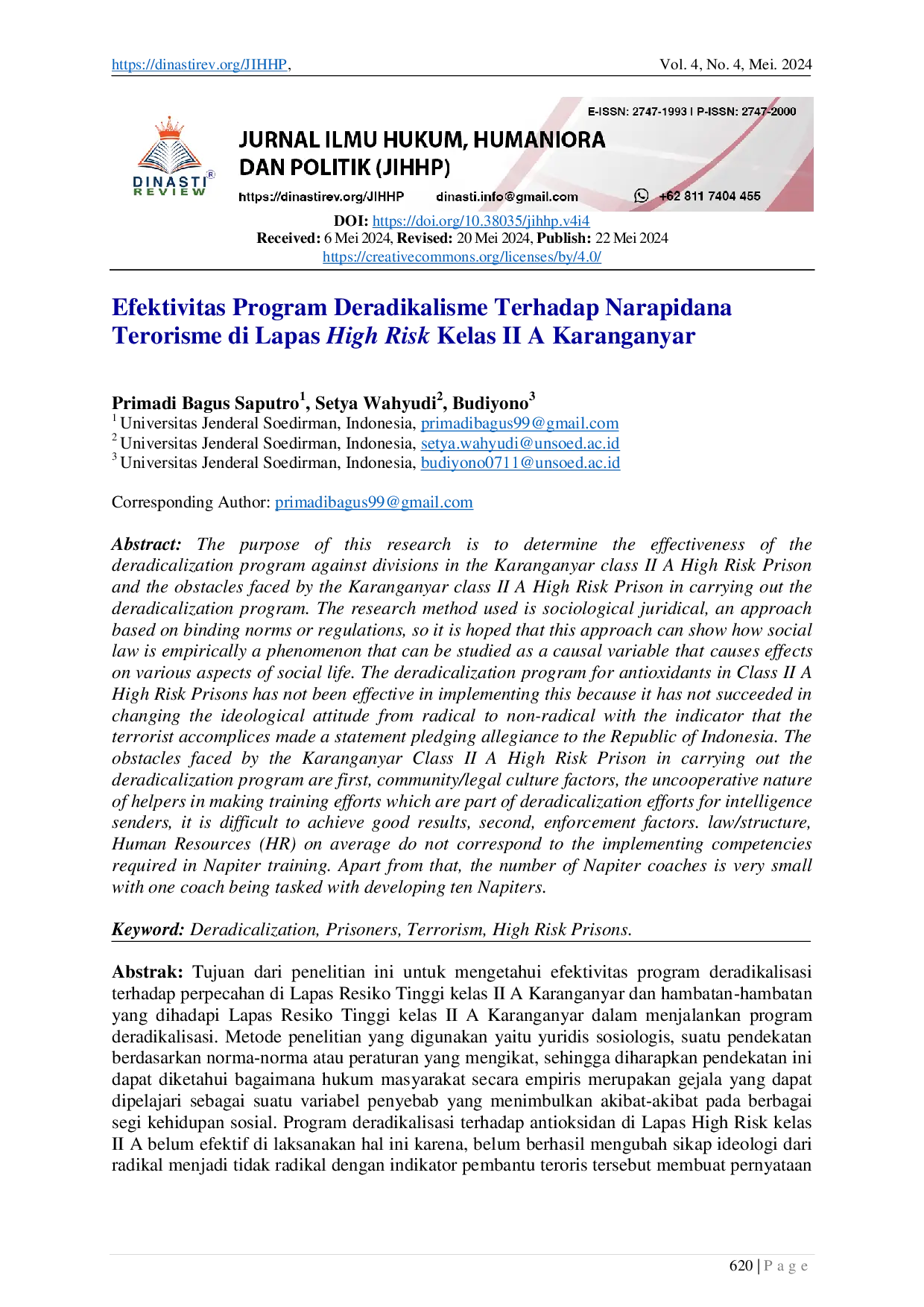 JURIS Efektivitas Program Deradikalisme Terhadap Narapidana Terorisme di Lapas High Risk Kelas II A Karanganyar