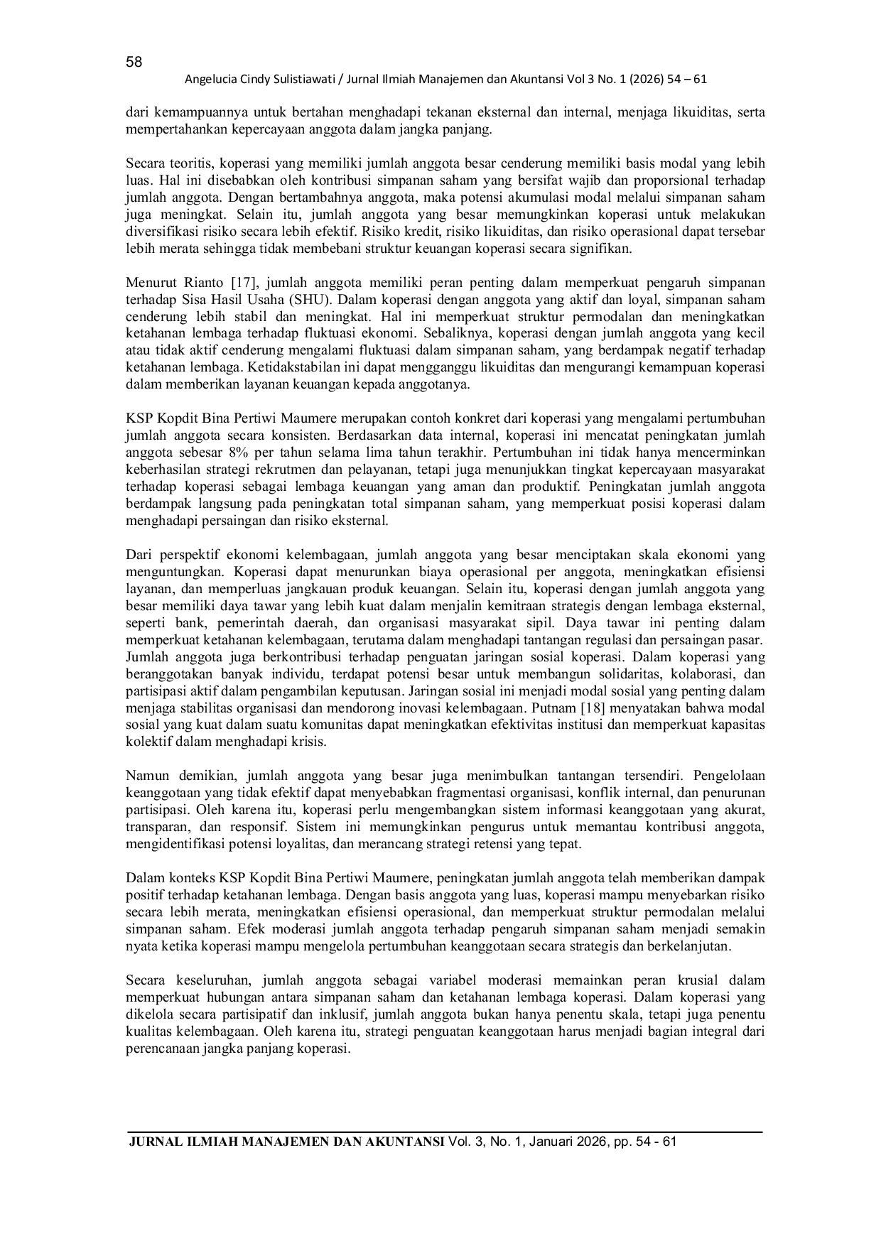 JURIS Pengaruh Simpanan Saham Terhadap Ketahanan Lembaga Dengan Jumlah Anggota Sebagai Variabel Moderasi Pada Ksp Kopdit Bina Pertiwi Maumere