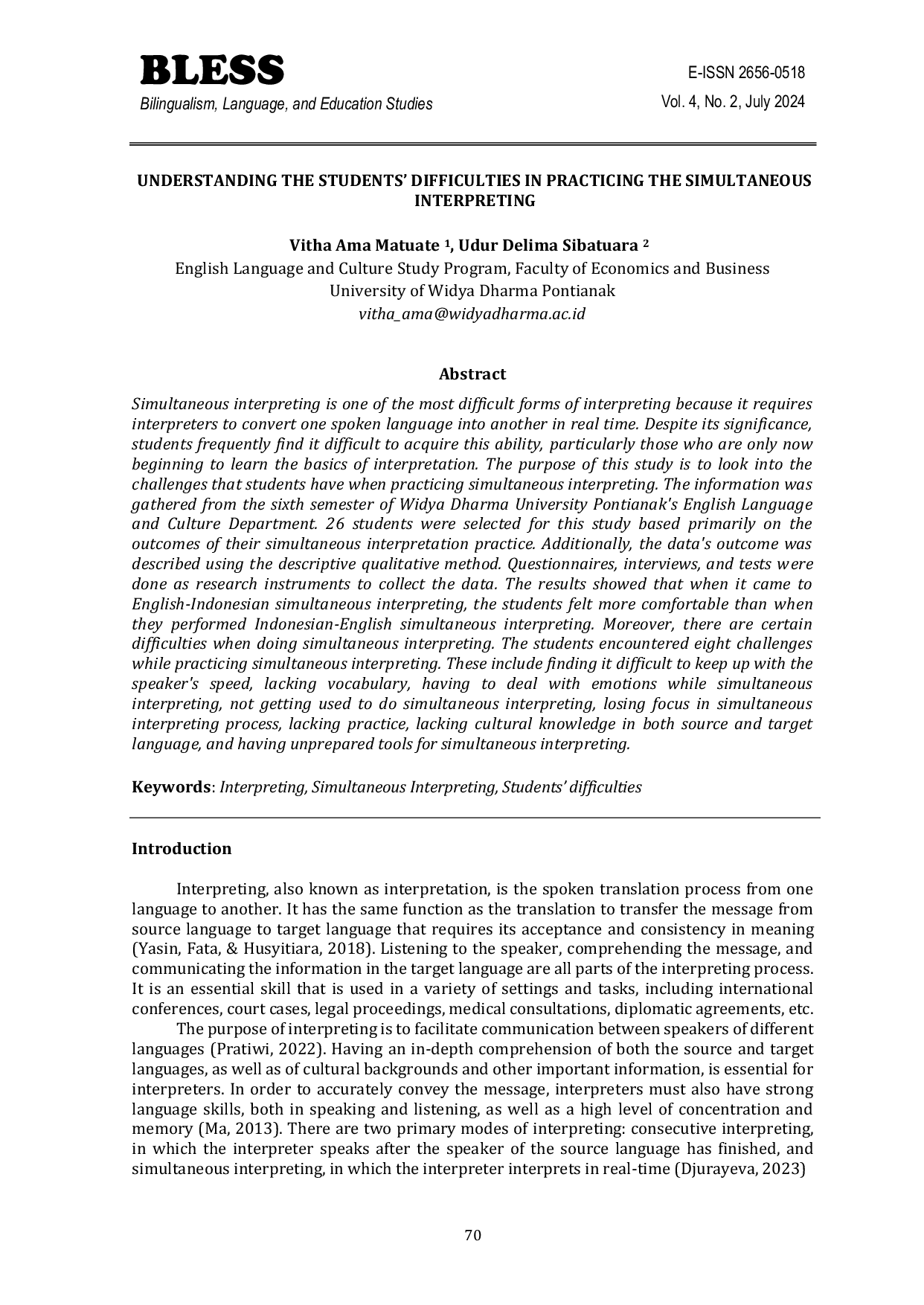 JURIS Understanding the Students Difficulties in Practicing the Simultaneous Interpreting