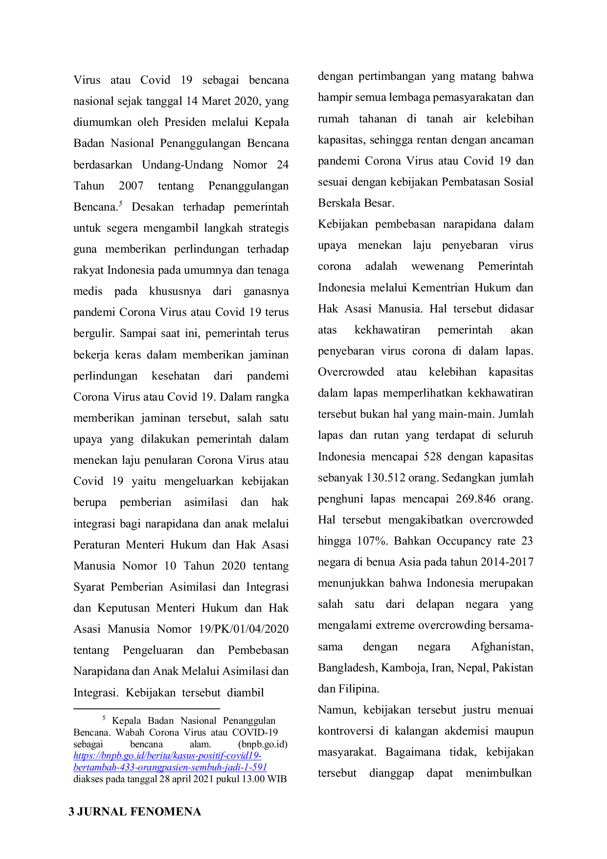 JURIS Kajian Yuridis Pembebasan Narapidana Pada Masa Pandemi Covid 19 Di Indonesia