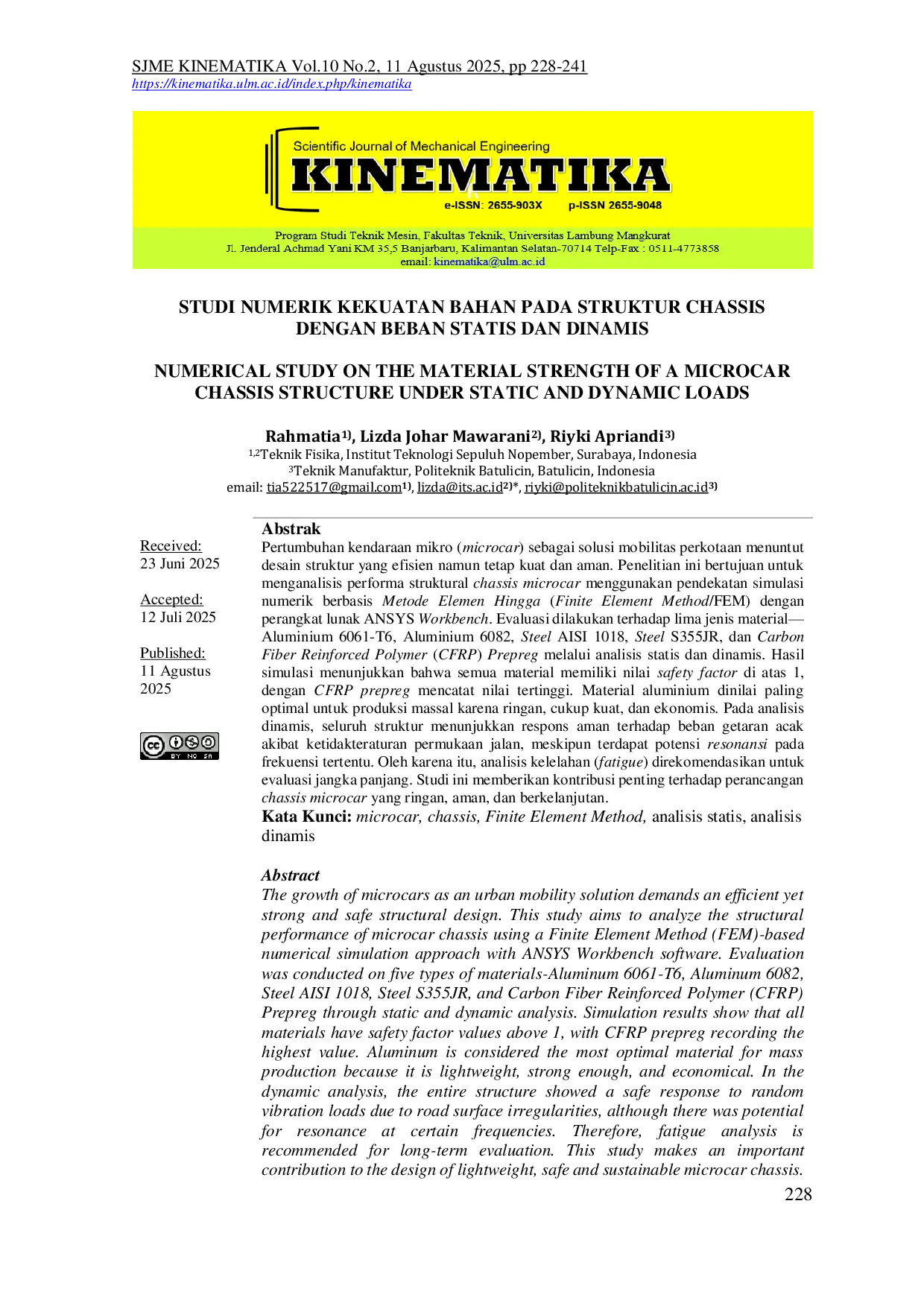 JURIS Studi Numerik Kekuatan Bahan pada Struktur Chassis dengan Beban Statis dan Dinamis