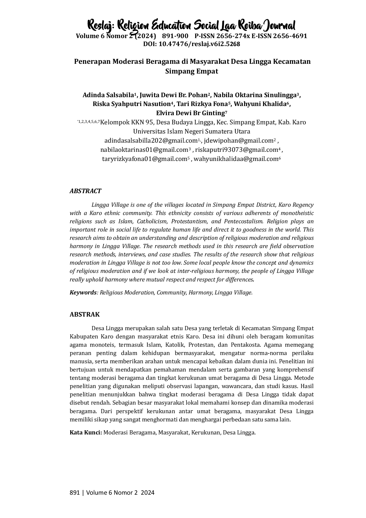 juris Penerapan Moderasi Beragama di Masyarakat Desa Lingga Kecamatan Simpang Empat