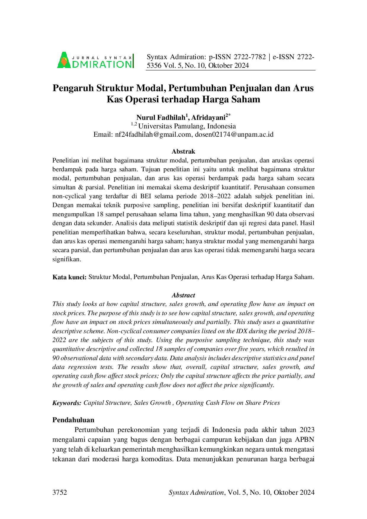 JURIS Pengaruh Struktur Modal Pertumbuhan Penjualan dan Arus Kas Operasi terhadap Harga Saham