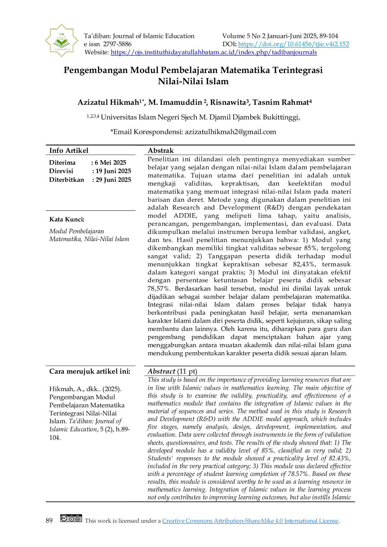 JURIS Pengembangan Modul Pembelajaran Matematika Terintegrasi Nilai Nilai Islam