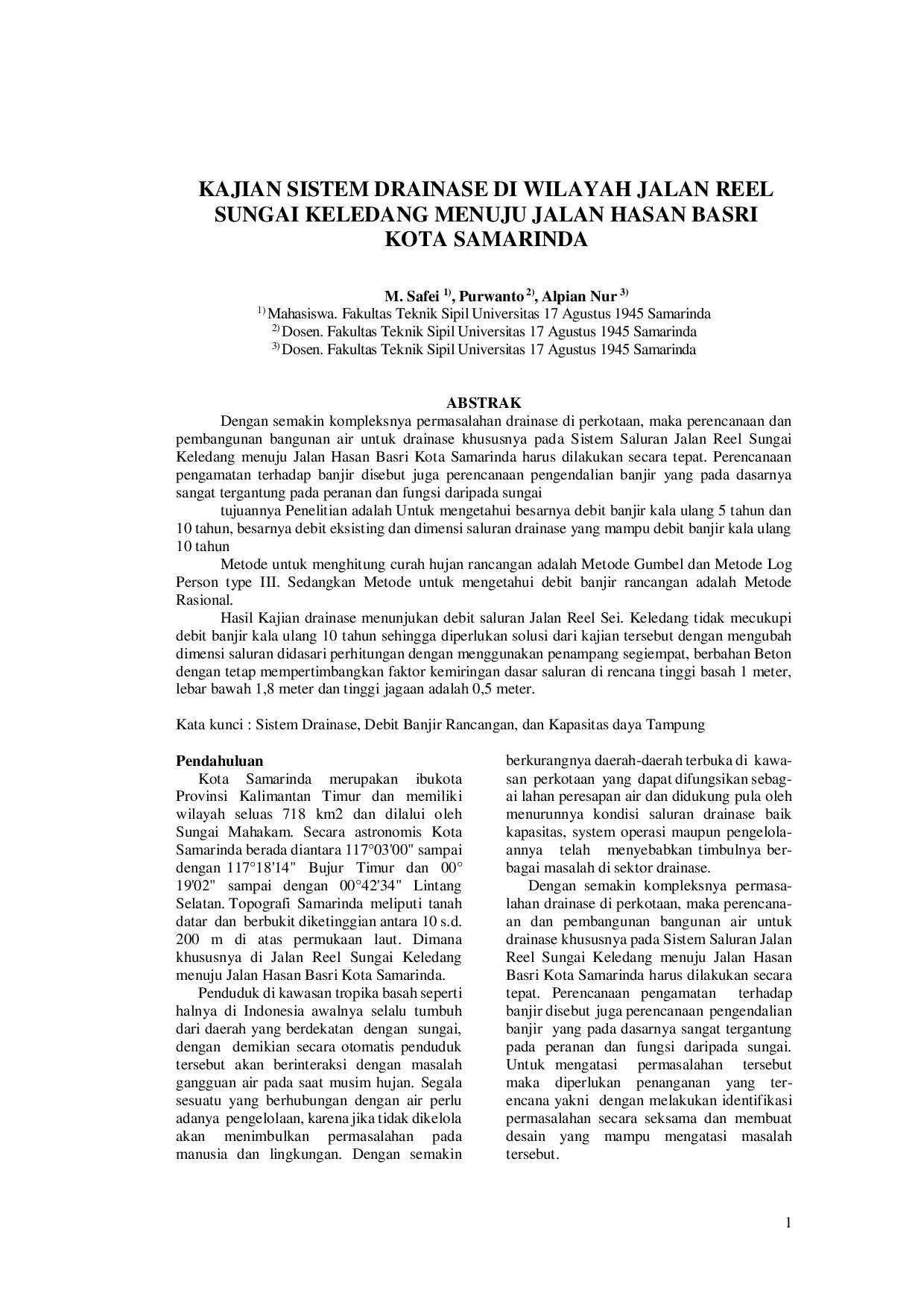 JURIS Kajian Sistem Drainase Di Wilayah Jalan Reel Sungai Keledang Menuju Jalan Hasan Basri Kota Samarinda