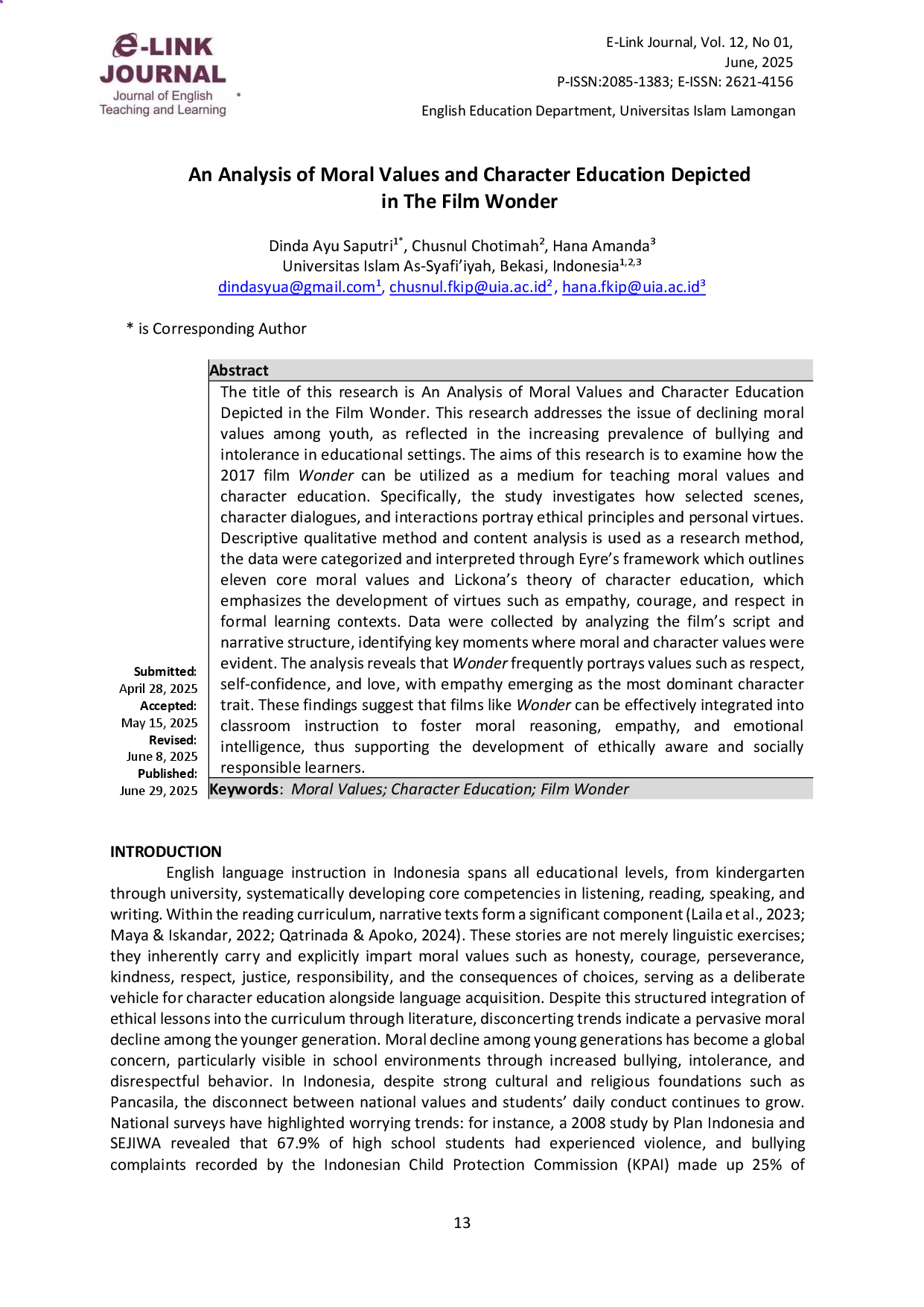 juris An Analysis of Moral Values and Character Education in Wonder Movie