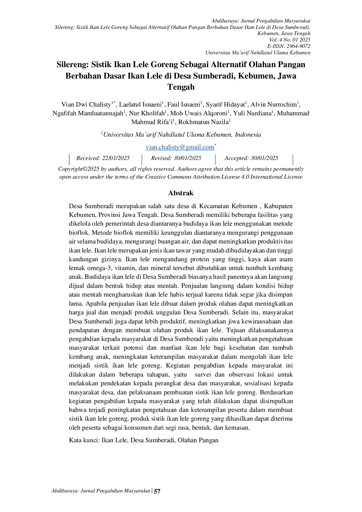JURIS Silereng Sistik Ikan Lele Goreng Sebagai Alternatif Olahan Pangan Berbahan Dasar Ikan Lele di Desa Sumberadi Kebumen Jawa Tengah