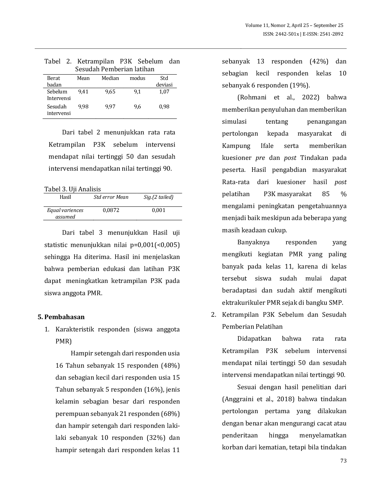 JURIS Efektivitas Edukasi Dan Latihan Pertolongan Pertama Pada Kecelakaan P3K Untuk Meningkatkan Ketrampilan Ekstrakurikuler PMR Di SMK Ahmad Yani Gurah