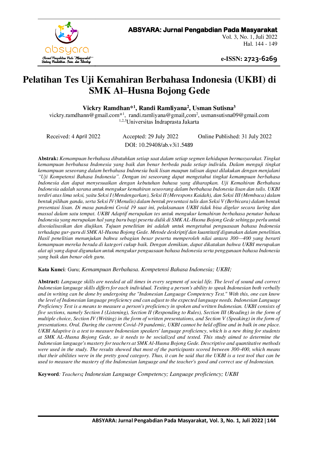 JURIS Pelatihan Tes Uji Kemahiran Berbahasa Indonesia UKBI di SMK Al Husna Bojong Gede