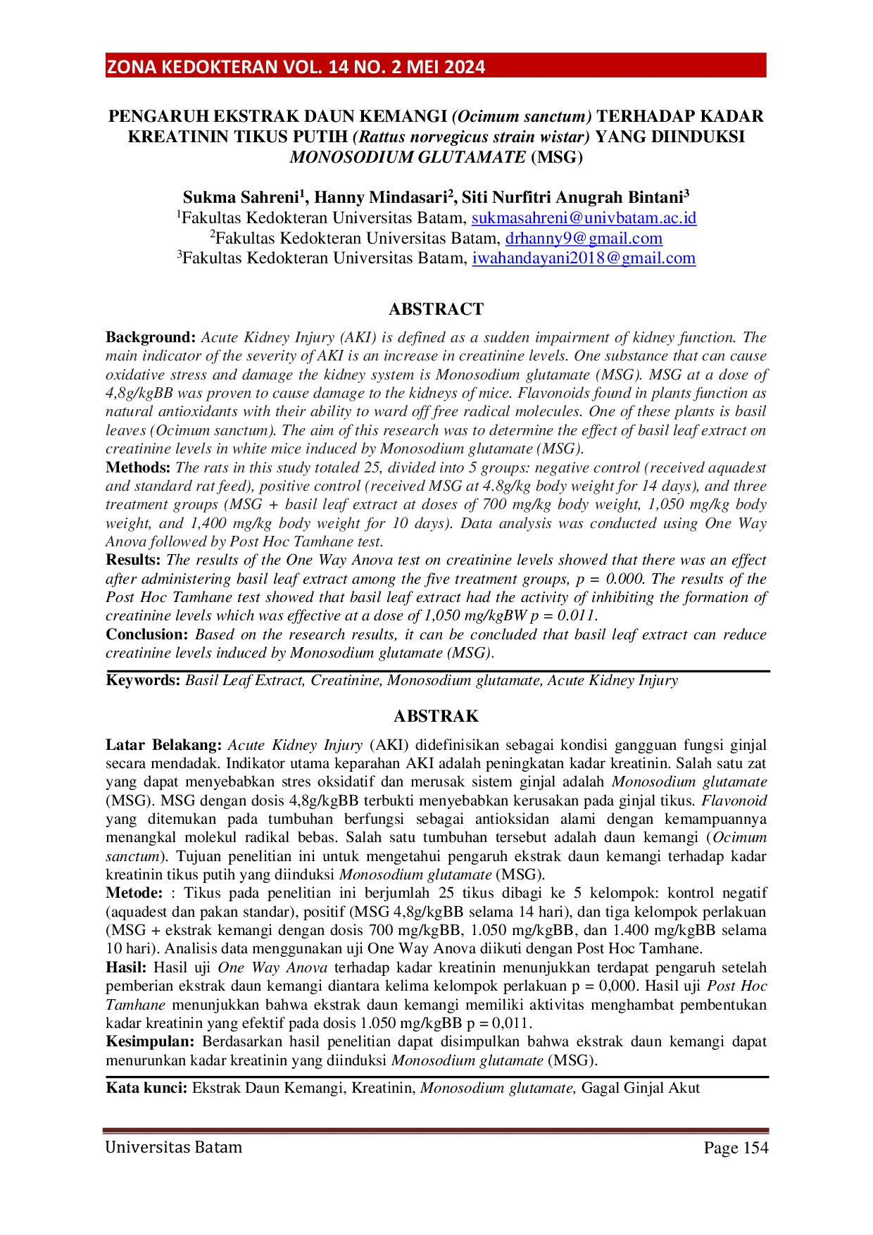 JURIS PENGARUH EKSTRAK DAUN KEMANGI Ocimum sanctum TERHADAP KADAR KREATININ TIKUS PUTIH Rattus norvegicus strain wistar YANG DIINDUKSI MONOSODIUM GLUTAMATE MSG
