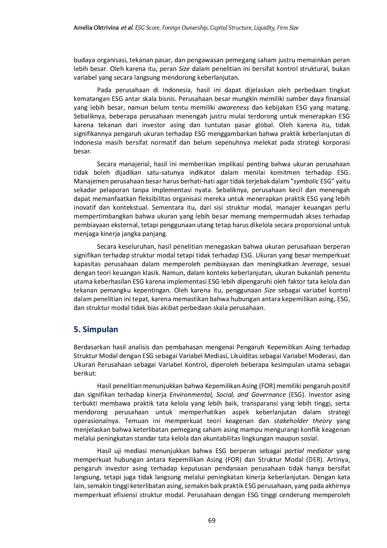JURIS Peran mediasi ESG pada hubungan kepemilikan asing dan struktur modal Moderasi likuiditas dan ukuran perusahaan