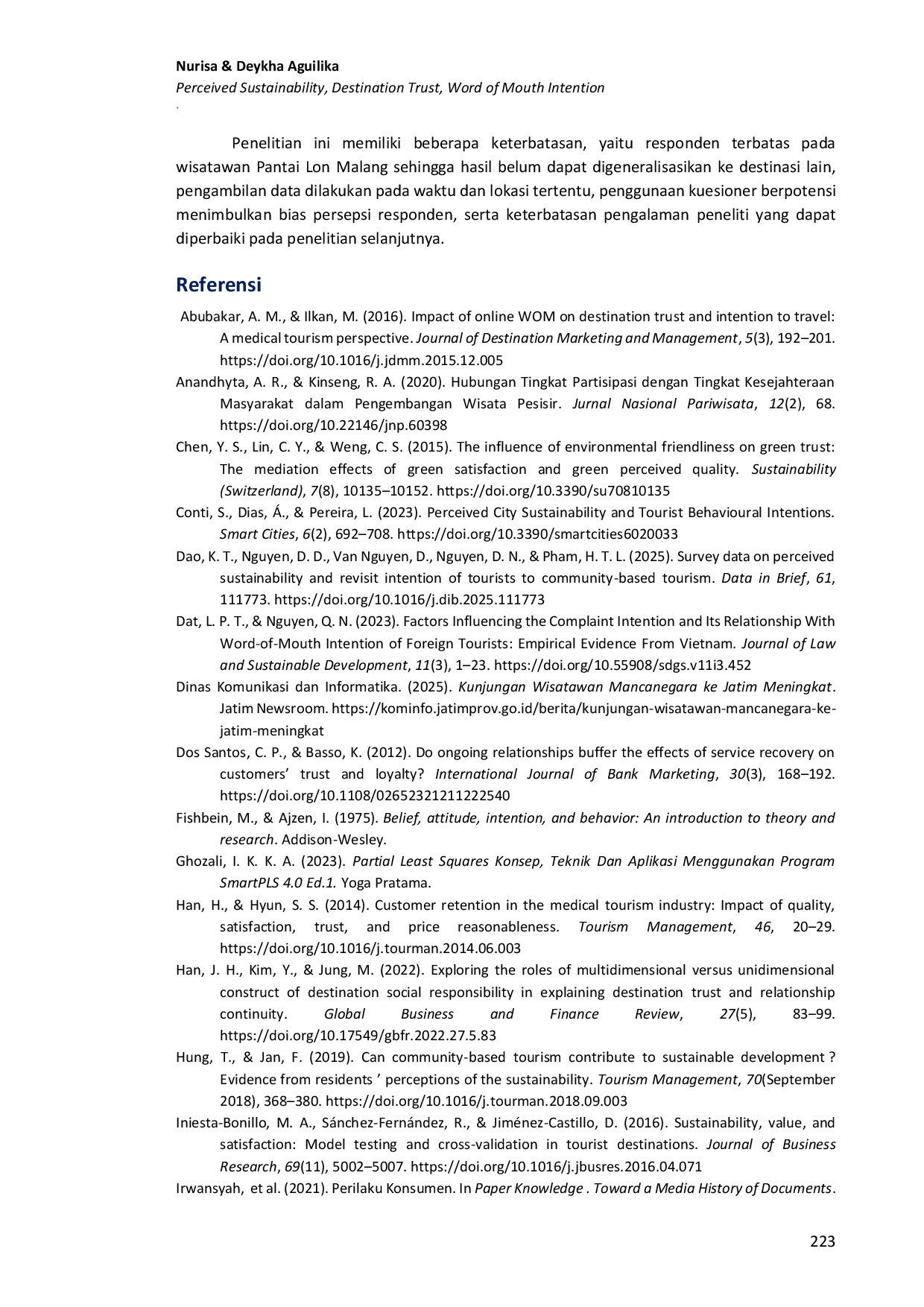 JURIS Pengaruh perceived sustainability terhadap destination trust dan word of mouth intention pada wisatawan Pantai Lon Malang