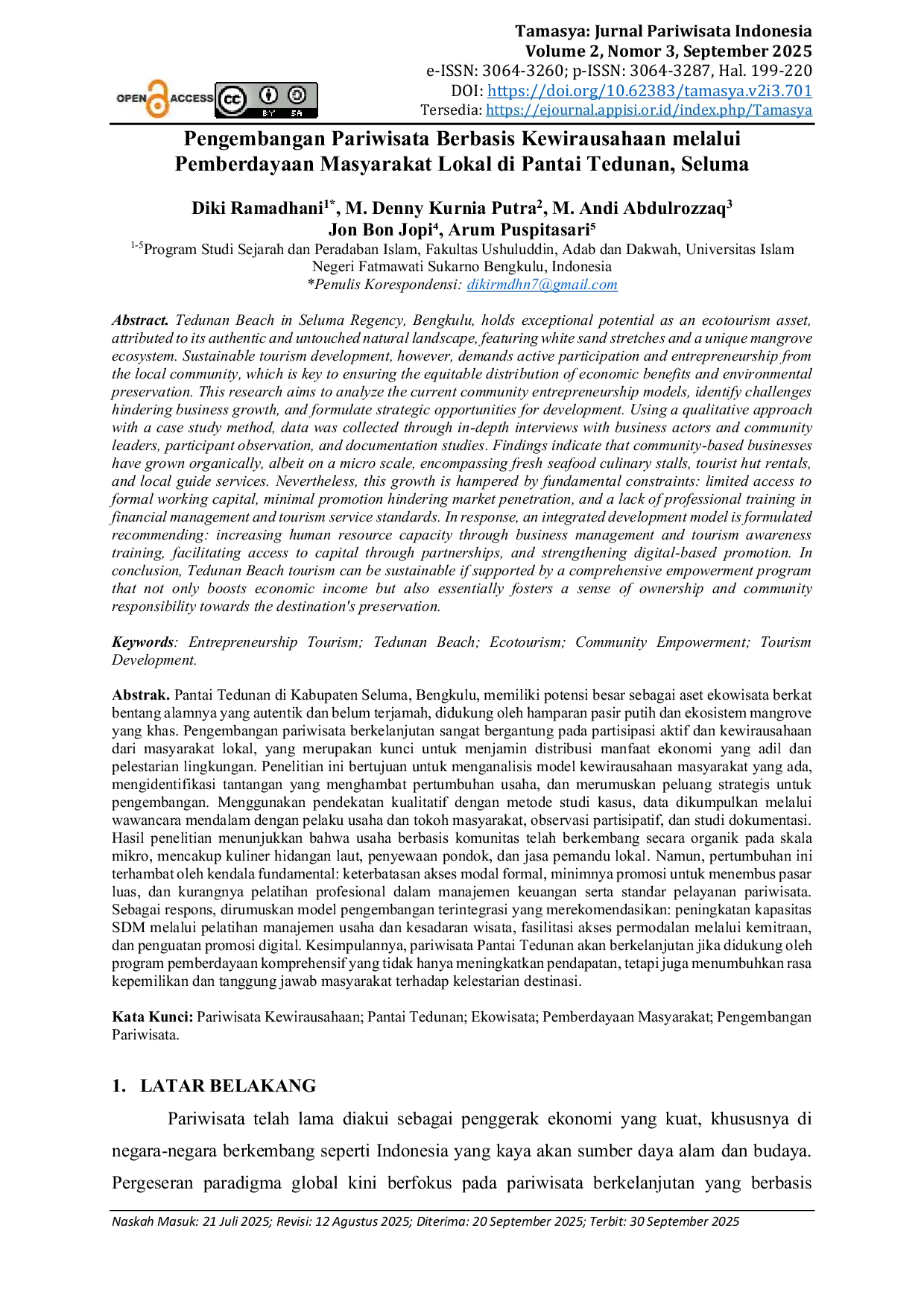 JURIS Pengembangan Pariwisata Berbasis Kewirausahaan melalui Pemberdayaan Masyarakat Lokal di Pantai Tedunan Seluma