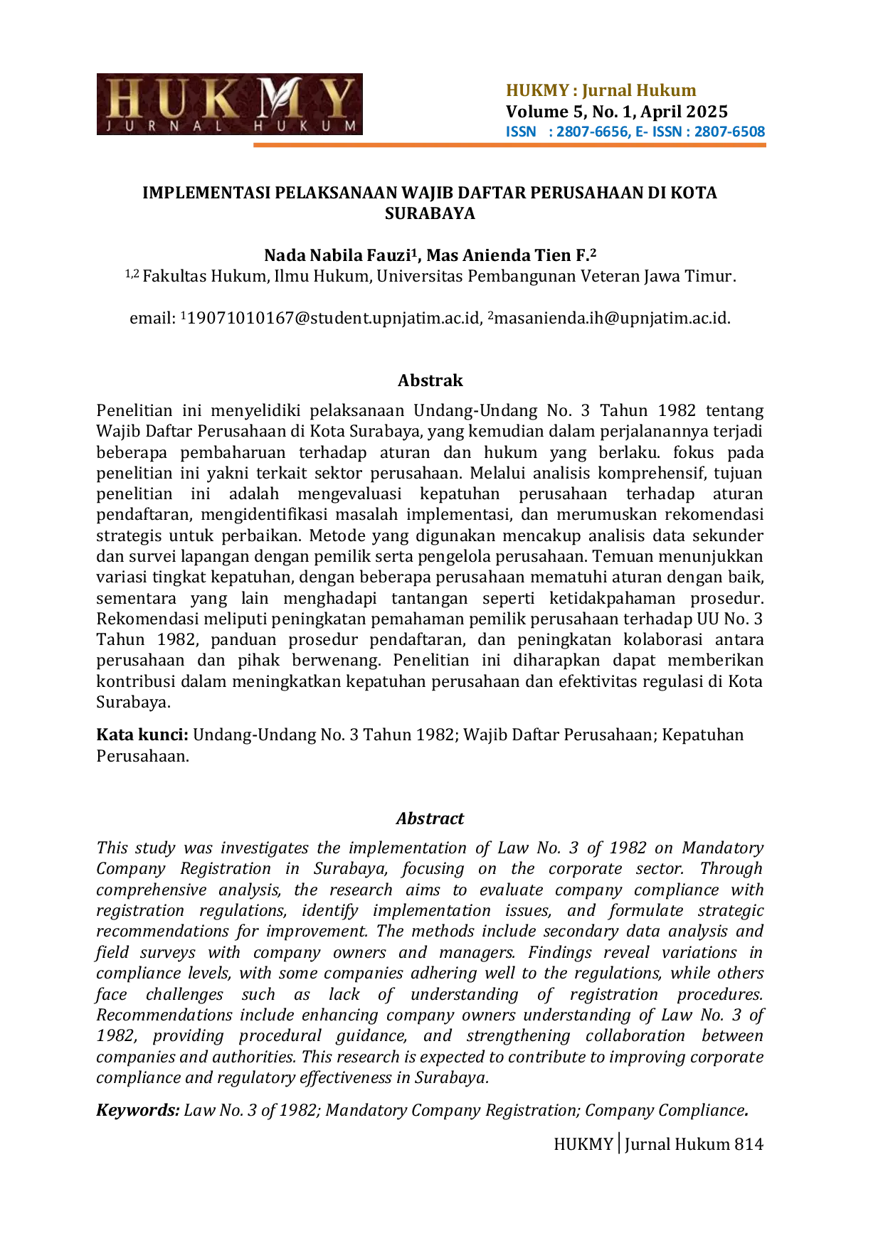 JURIS Implementasi Pelaksanaan Wajib Daftar Perusahaan Di Kota Surabaya