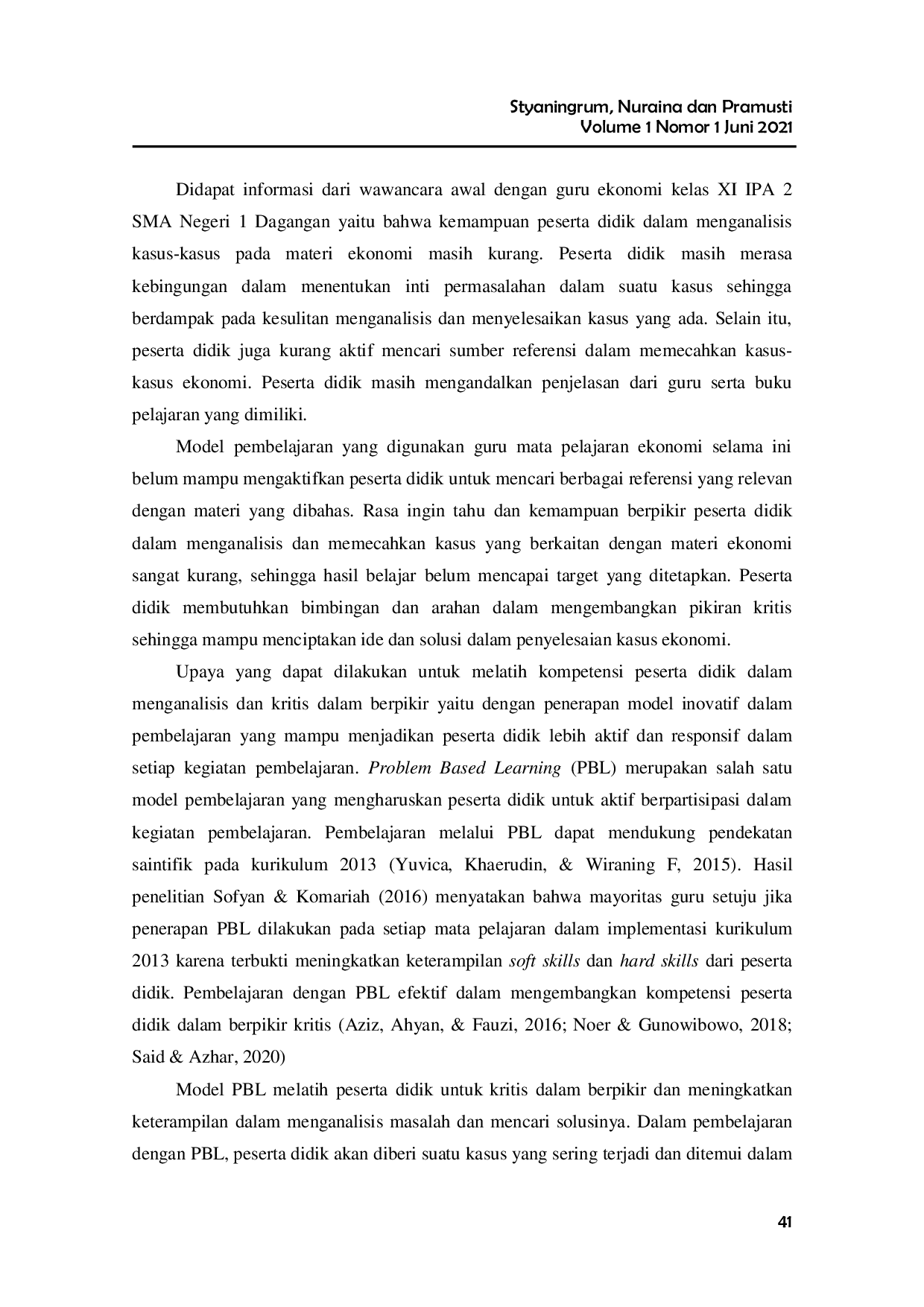 JURIS Melatih Peserta Didik Dalam Berpikir Kritis Melalui Problem Based Learning Pada SMA Negeri 1 Dagangan