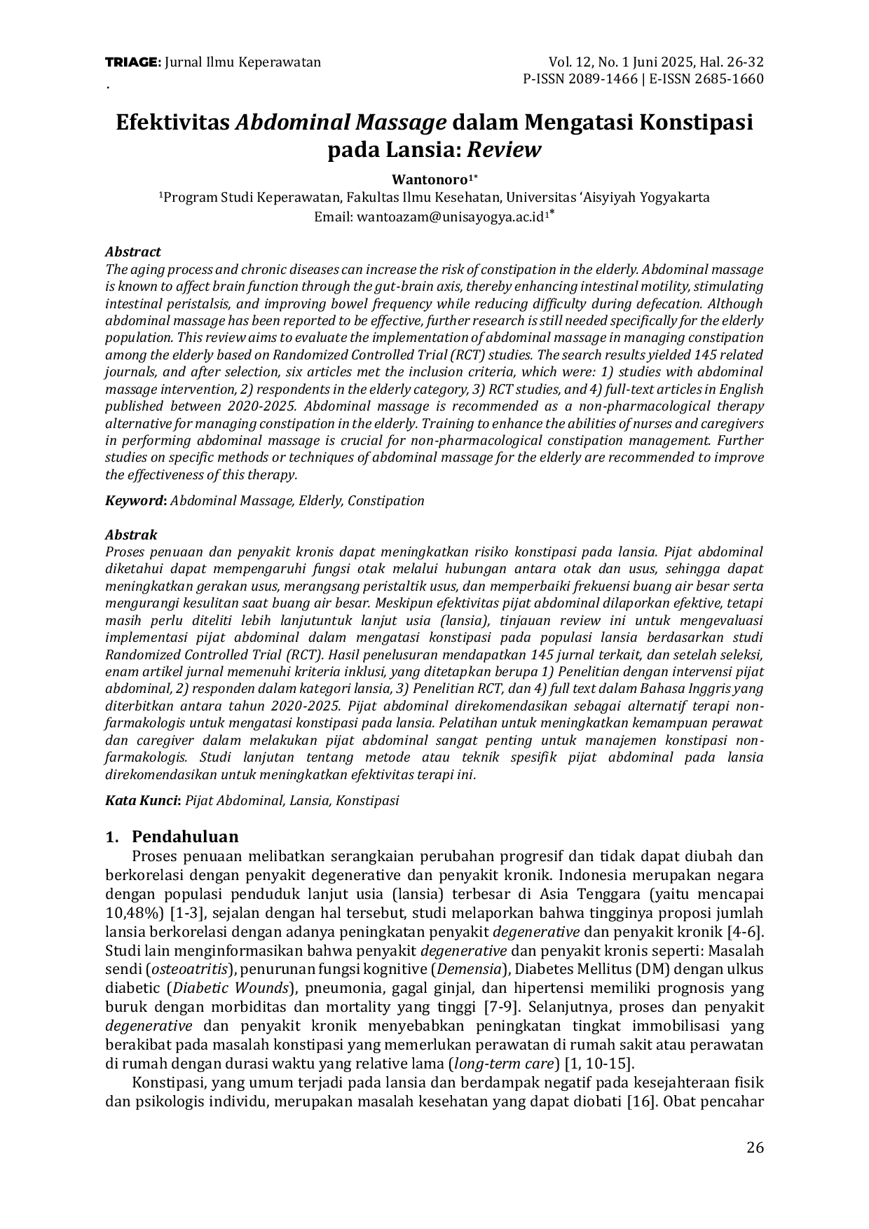 JURIS Efektivitas Abdominal Massage dalam Mengatasi Konstipasi pada Lansia Review