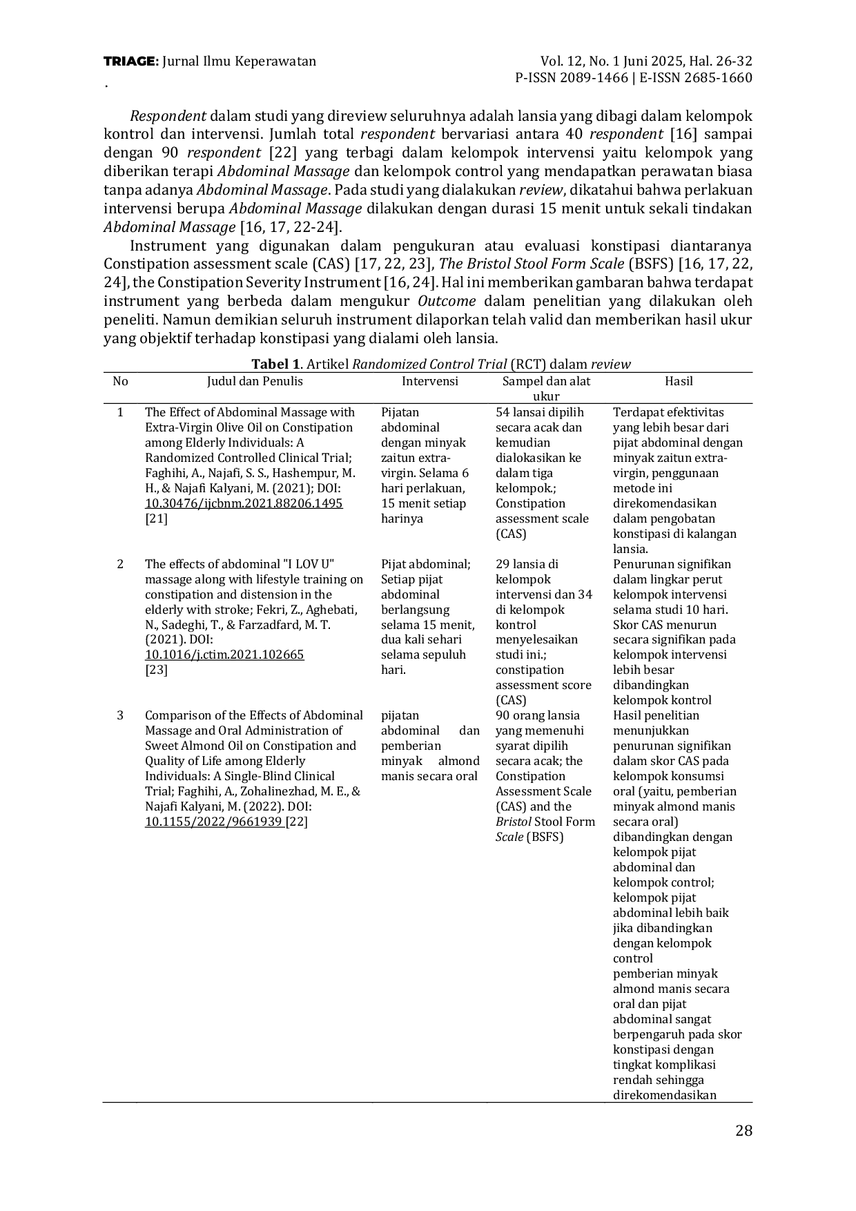 JURIS Efektivitas Abdominal Massage dalam Mengatasi Konstipasi pada Lansia Review