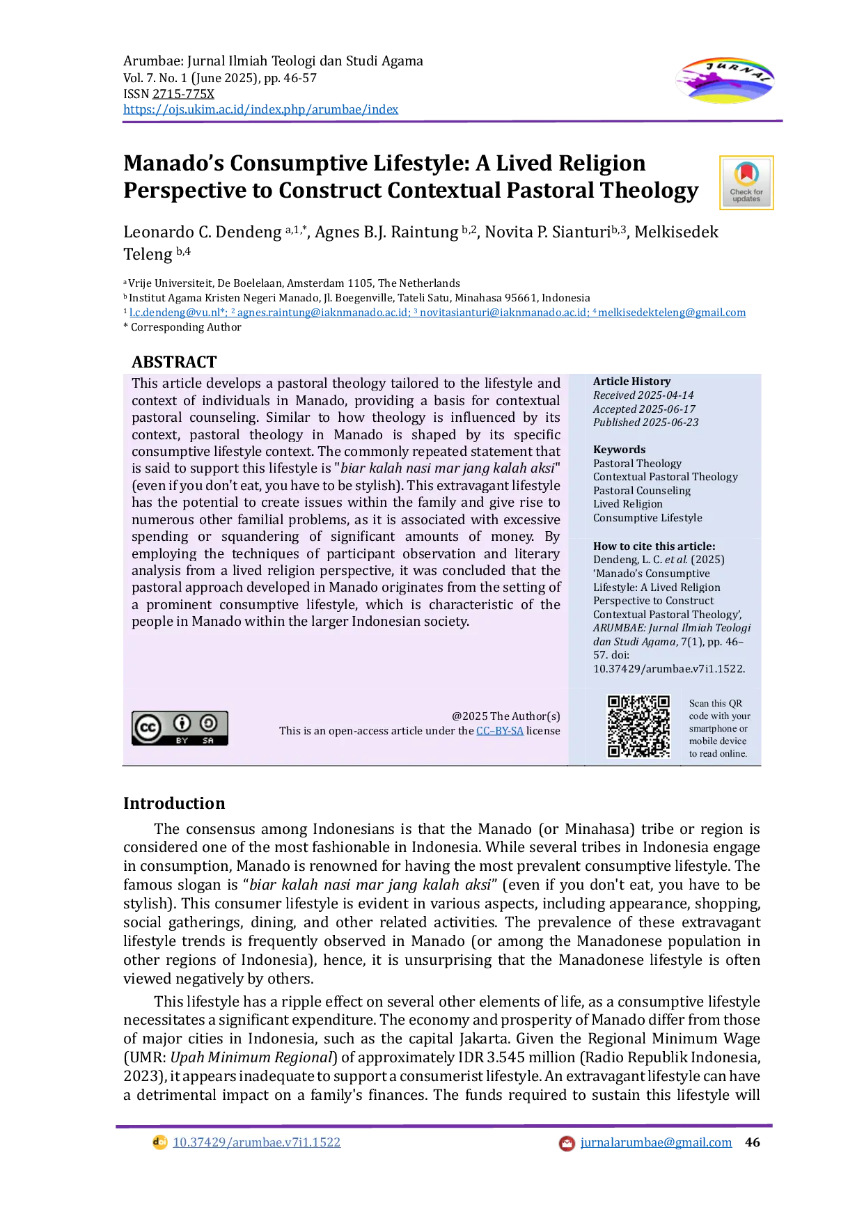 JURIS Manado s Consumptive Lifestyle A Lived Religion Perspective to Construct Contextual Pastoral Theology