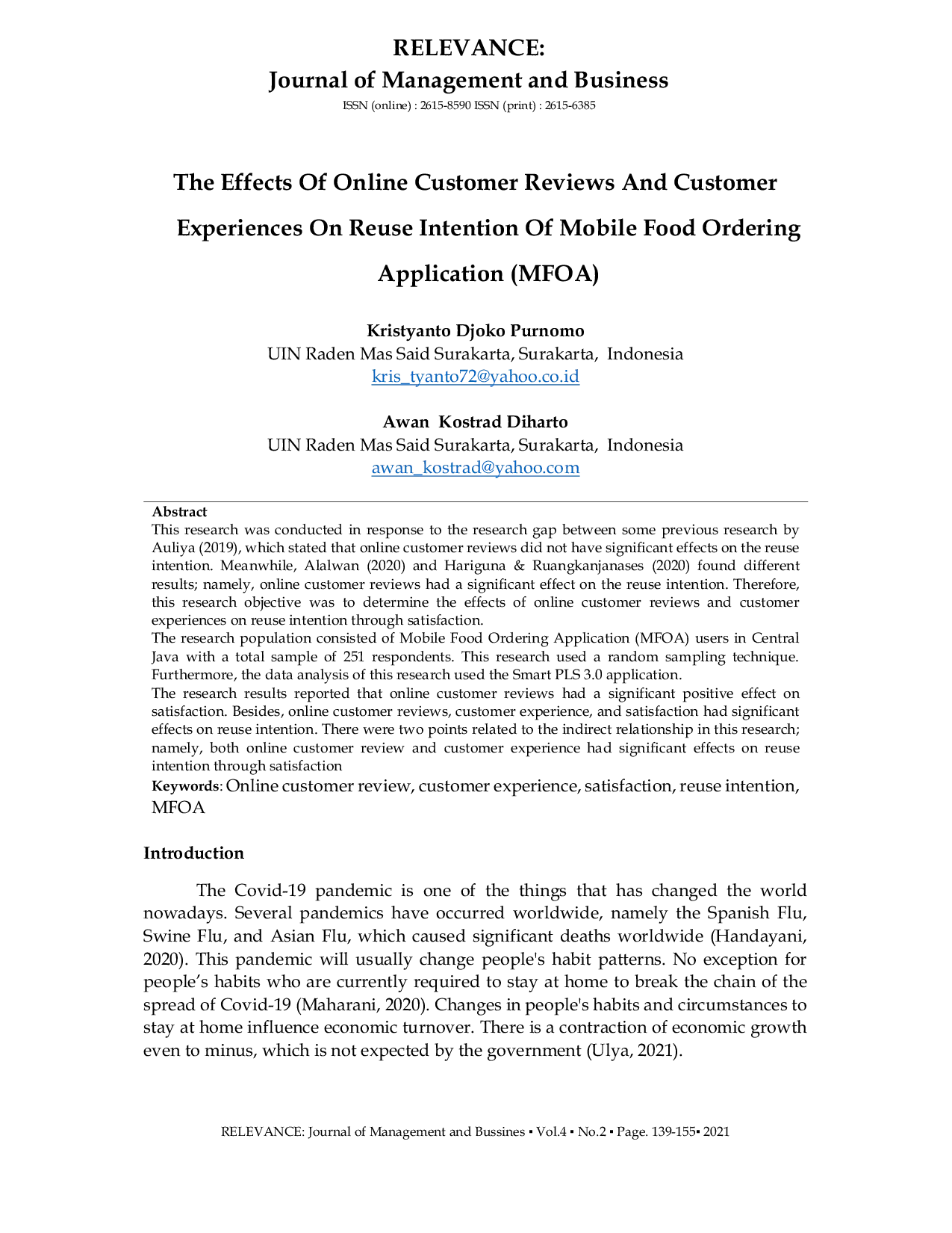 JURIS The Effects Of Online Customer Reviews And Customer Experiences On Reuse Intention Of Mobile Food Ordering Application MFOA
