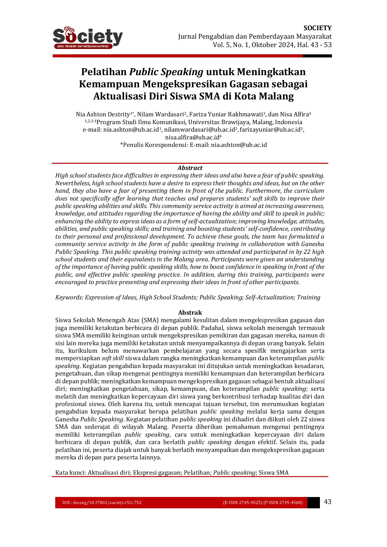 JURIS Pelatihan Public Speaking untuk Meningkatkan Kemampuan Mengekspresikan Gagasan sebagai Aktualisasi Diri Siswa SMA di Kota Malang