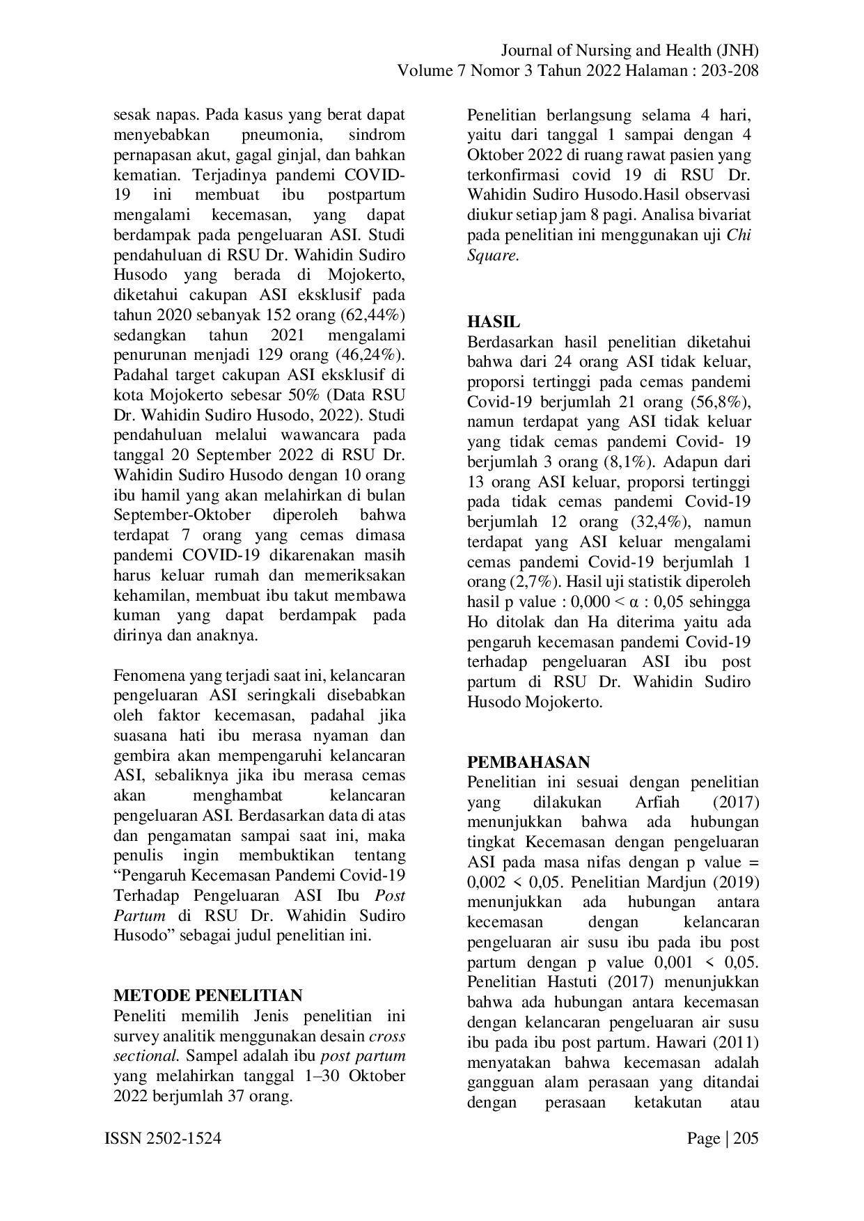 JURIS PENGARUH KECEMASAN PANDEMI COVID 19 TERHADAP PENGELUARAN ASI IBU POST PARTUM DI RSU Dr WAHIDIN SUDIRO HUSODO MOJOKERTO