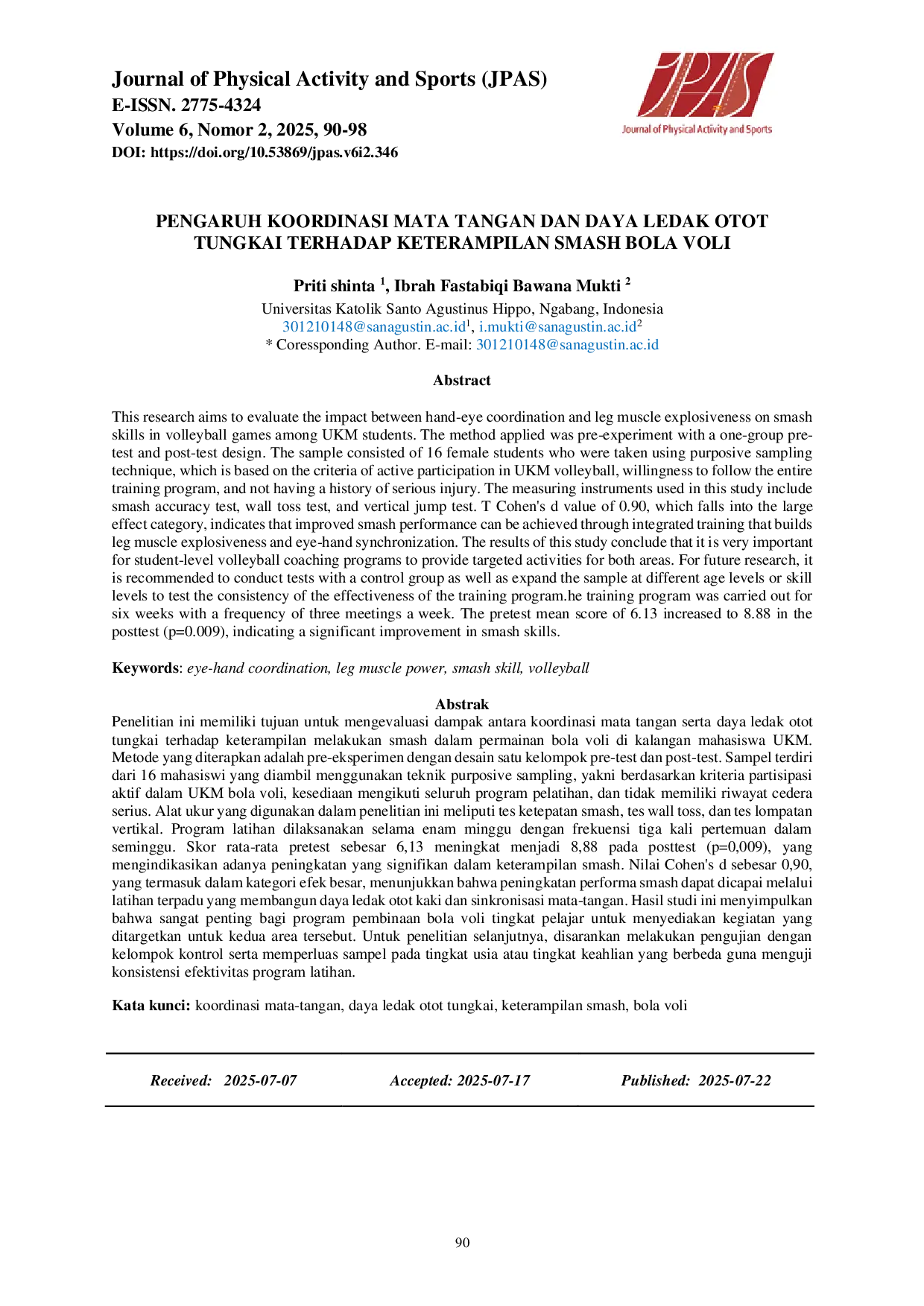 JURIS Pengaruh Koordinasi Mata Tangan Dan Daya Ledak Otot Tungkai Terhadap Keterampilan Smash Bola Voli
