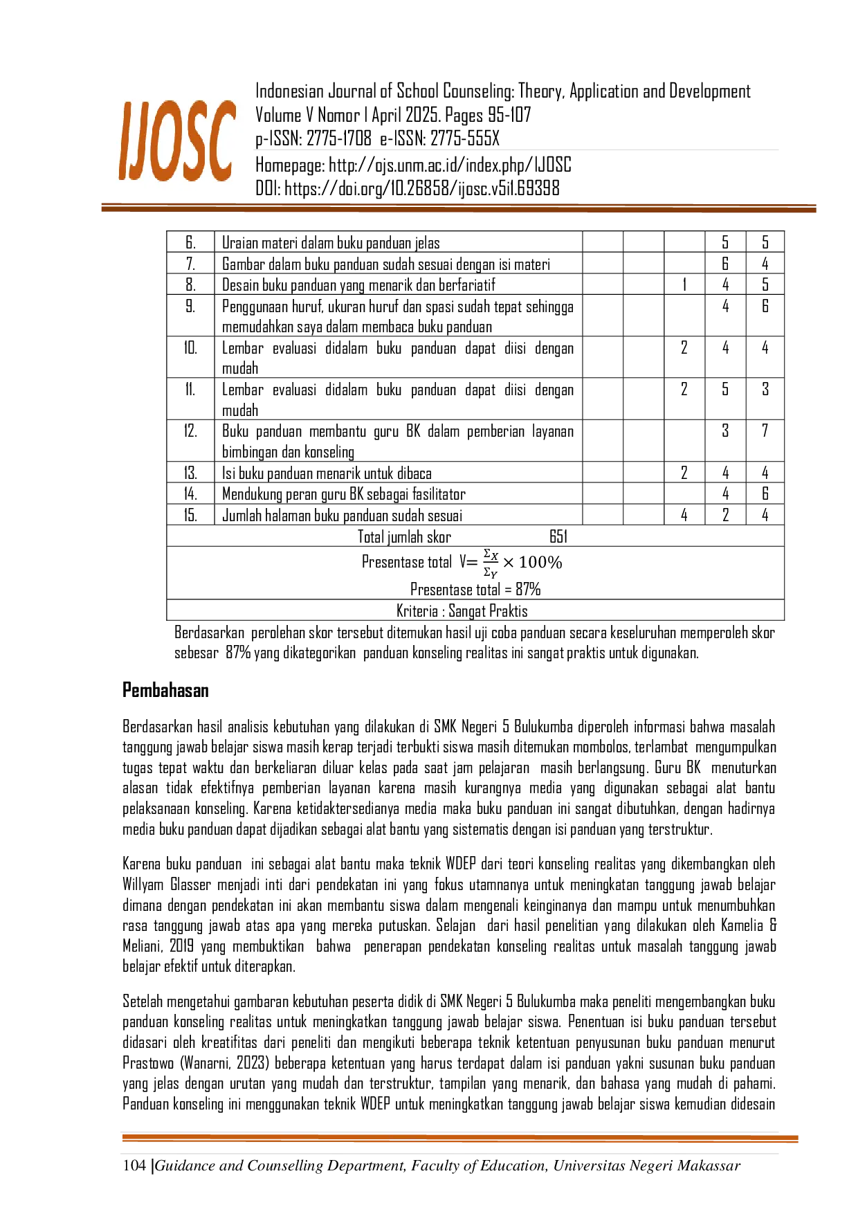 JURIS Pengembangan Panduan Konseling Realitas Untuk Meningkatkan Tanggung Jawab Belajar Siswa di SMK Negeri 5 Bulukumba