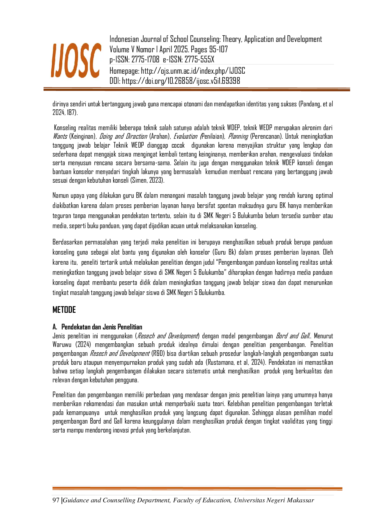 JURIS Pengembangan Panduan Konseling Realitas Untuk Meningkatkan Tanggung Jawab Belajar Siswa di SMK Negeri 5 Bulukumba