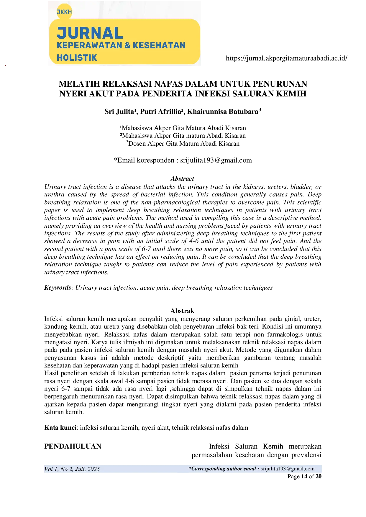 JURIS Melatih Relaksasi Nafas Dalam untuk Penurunan Nyeri Akut pada Penderita Infeksi Saluran Kemih