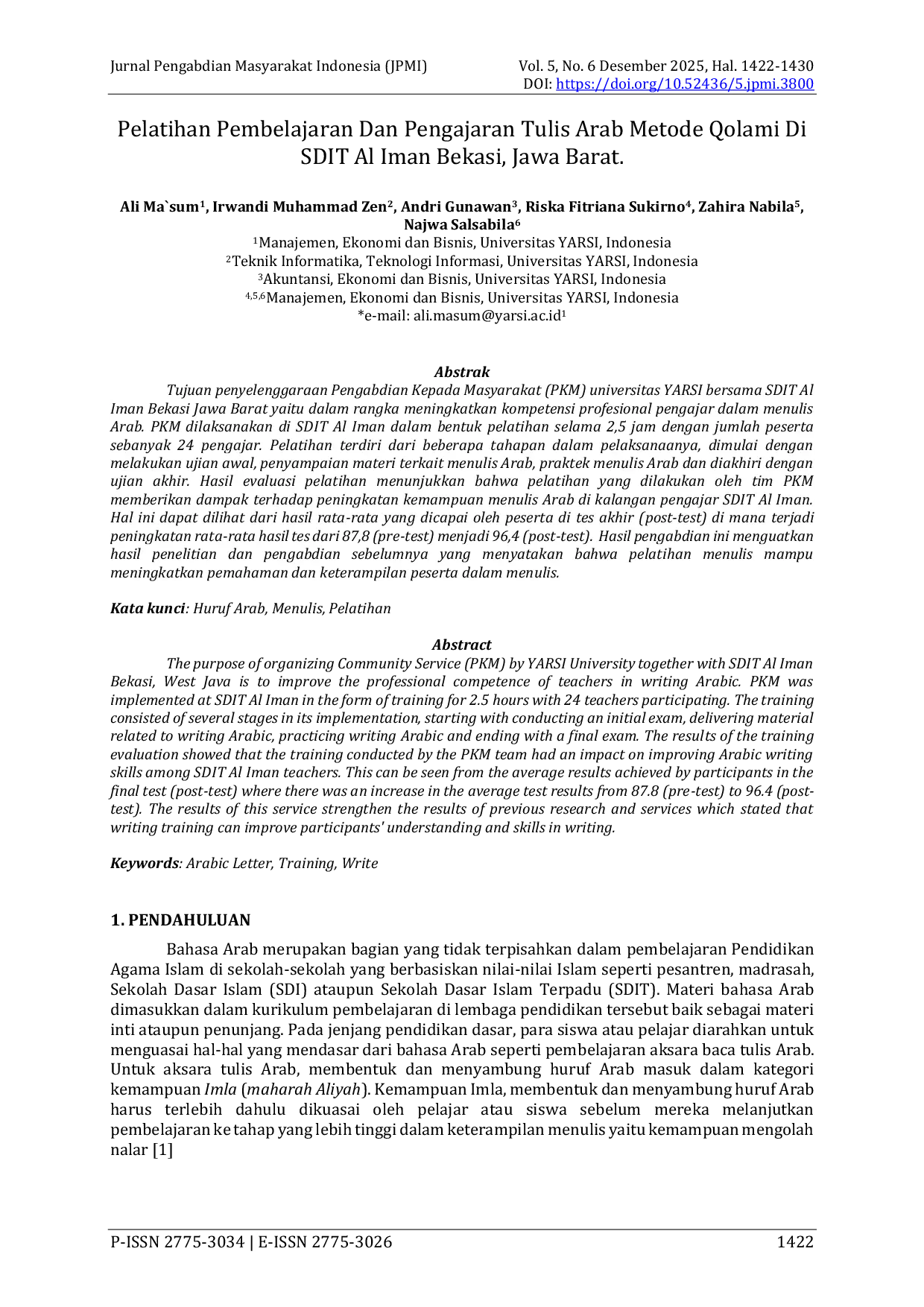 JURIS Pelatihan Pembelajaran Dan Pengajaran Tulis Arab Metode Qolami Di SDIT Al Iman Bekasi Jawa Barat