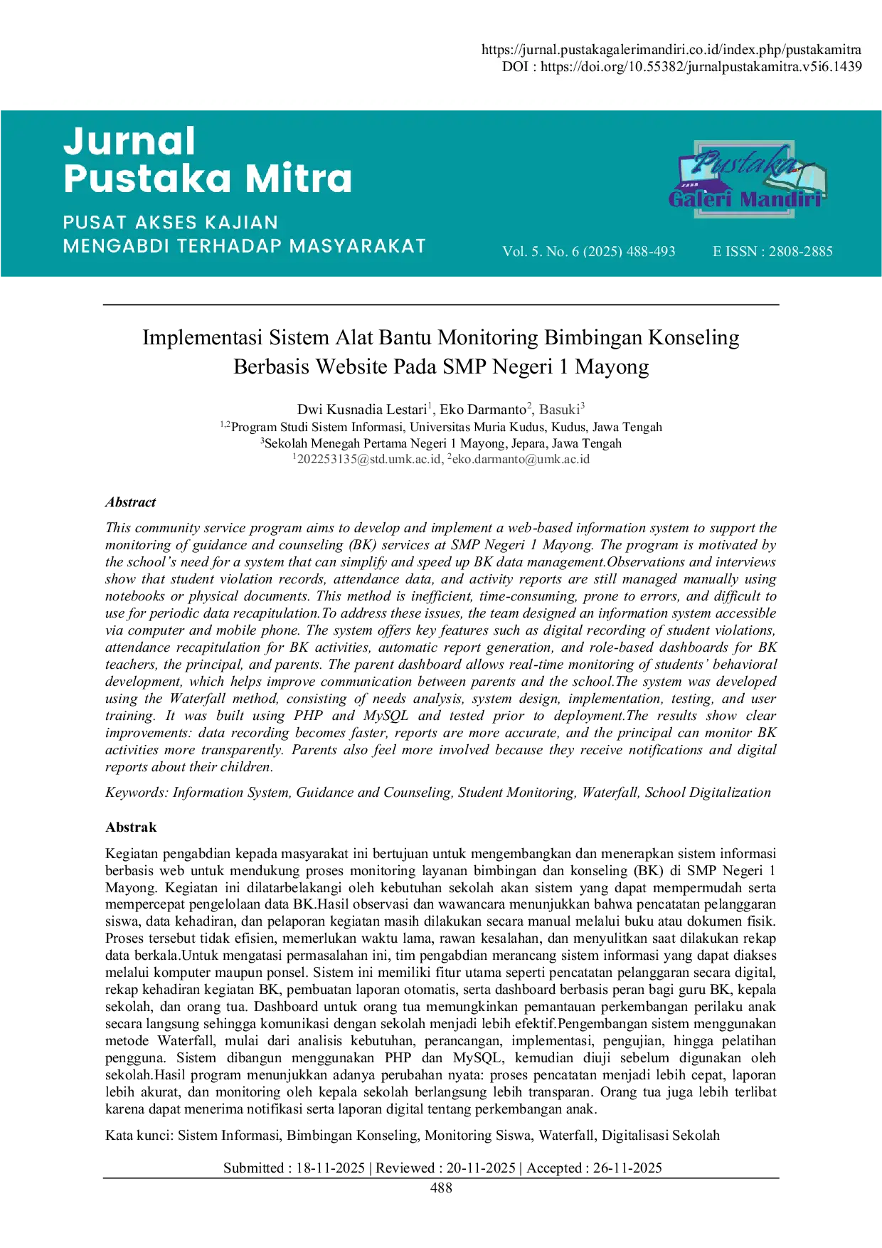 JURIS Implementasi Sistem Alat Bantu Monitoring Bimbingan Konseling Berbasis Website Pada SMP Negeri 1 Mayong