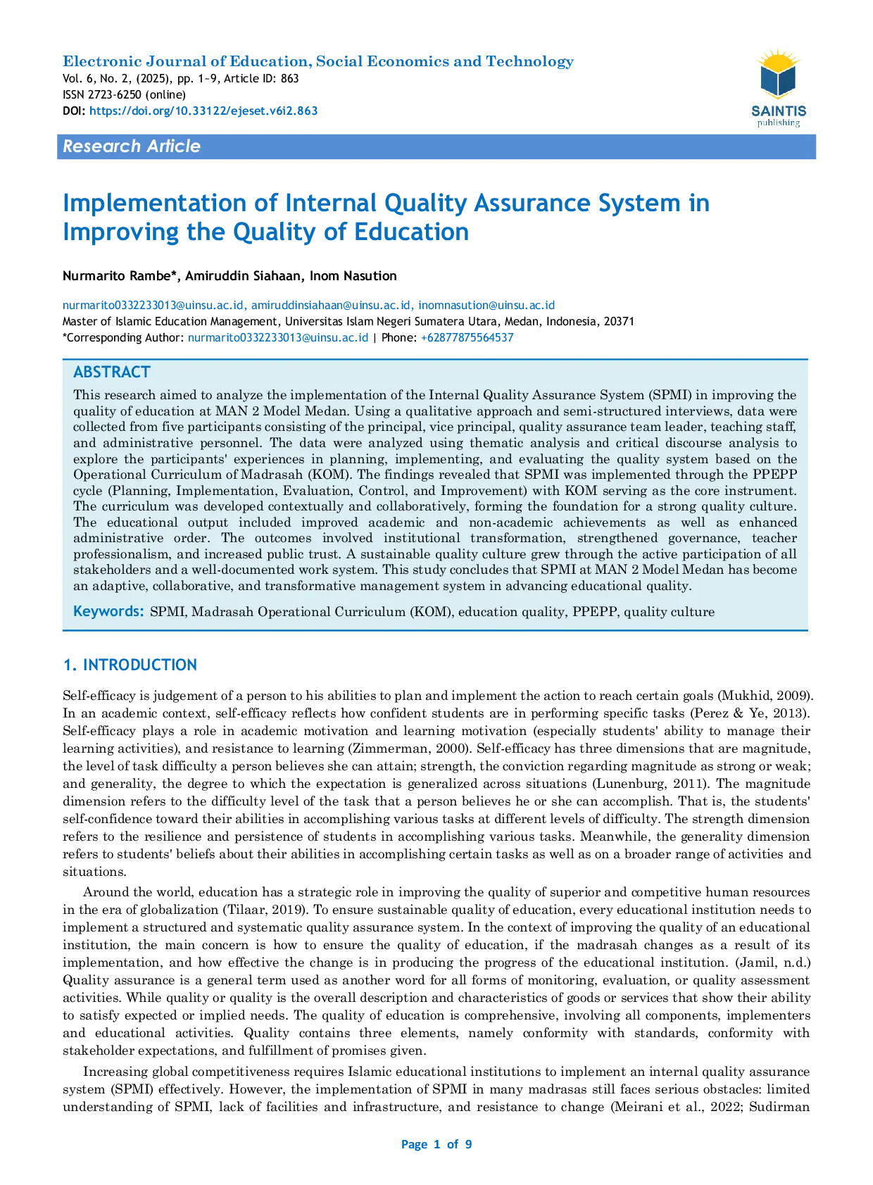 JURIS Implementation of Internal Quality Assurance System in Improving the Quality of Education